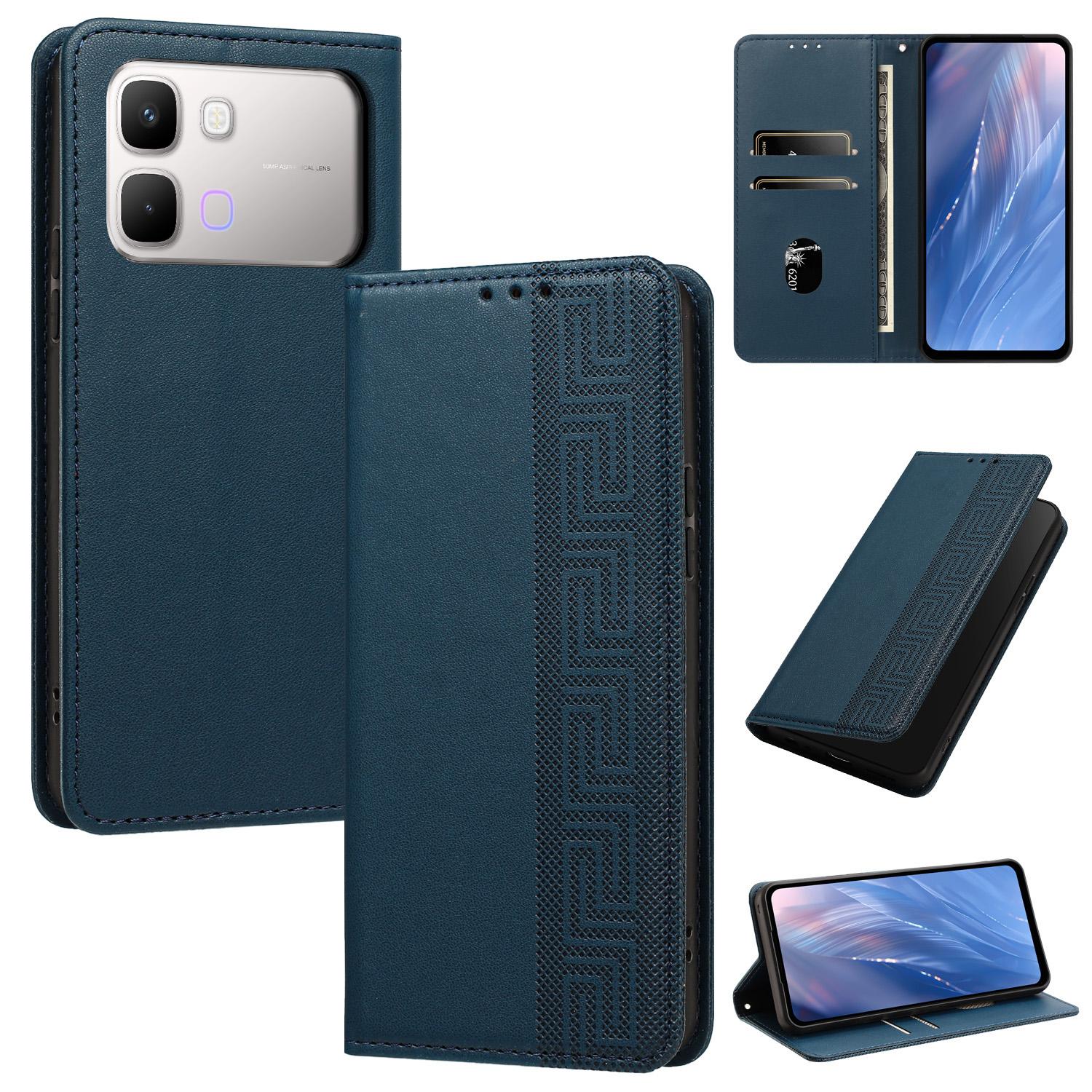 For Infinix Note Edge 5G Embossed Meander Pattern RFID Vegan Leather Phone Case(Dark Blue) - Shopkiz.com