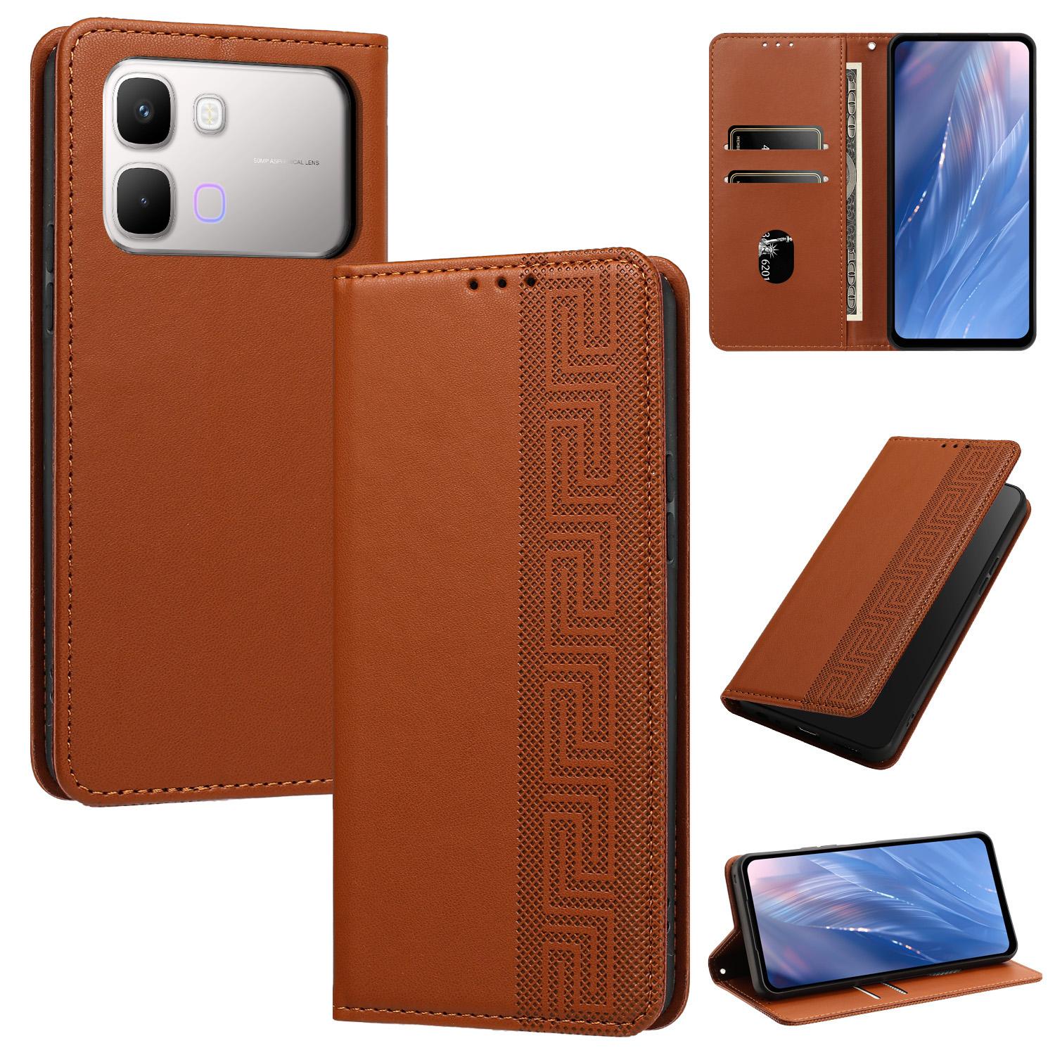 For Infinix Note Edge 5G Embossed Meander Pattern RFID Vegan Leather Phone Case(Brown) - Shopkiz.com