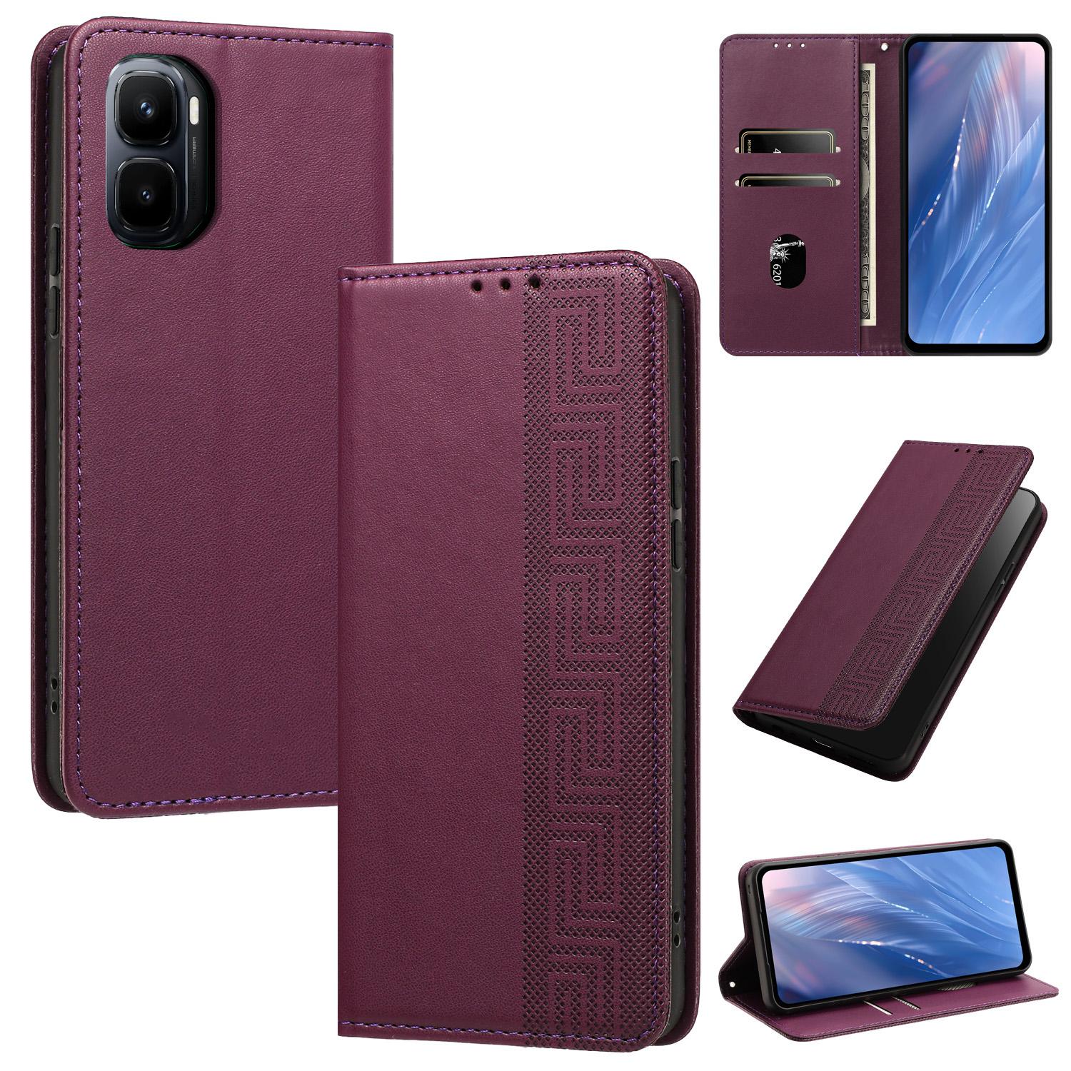 For Infinix GT 50 Pro 5G Embossed Meander Pattern RFID Vegan Leather Phone Case(Dark Purple) - Shopkiz.com