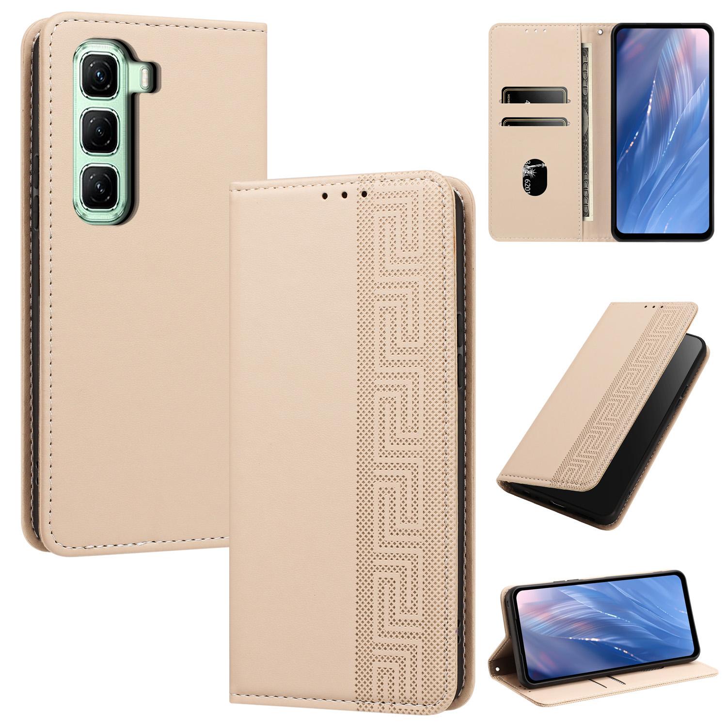 For Infinix Hot 60 4G / 60i 5G Embossed Meander Pattern RFID Vegan Leather Phone Case(Beige) - Shopkiz.com