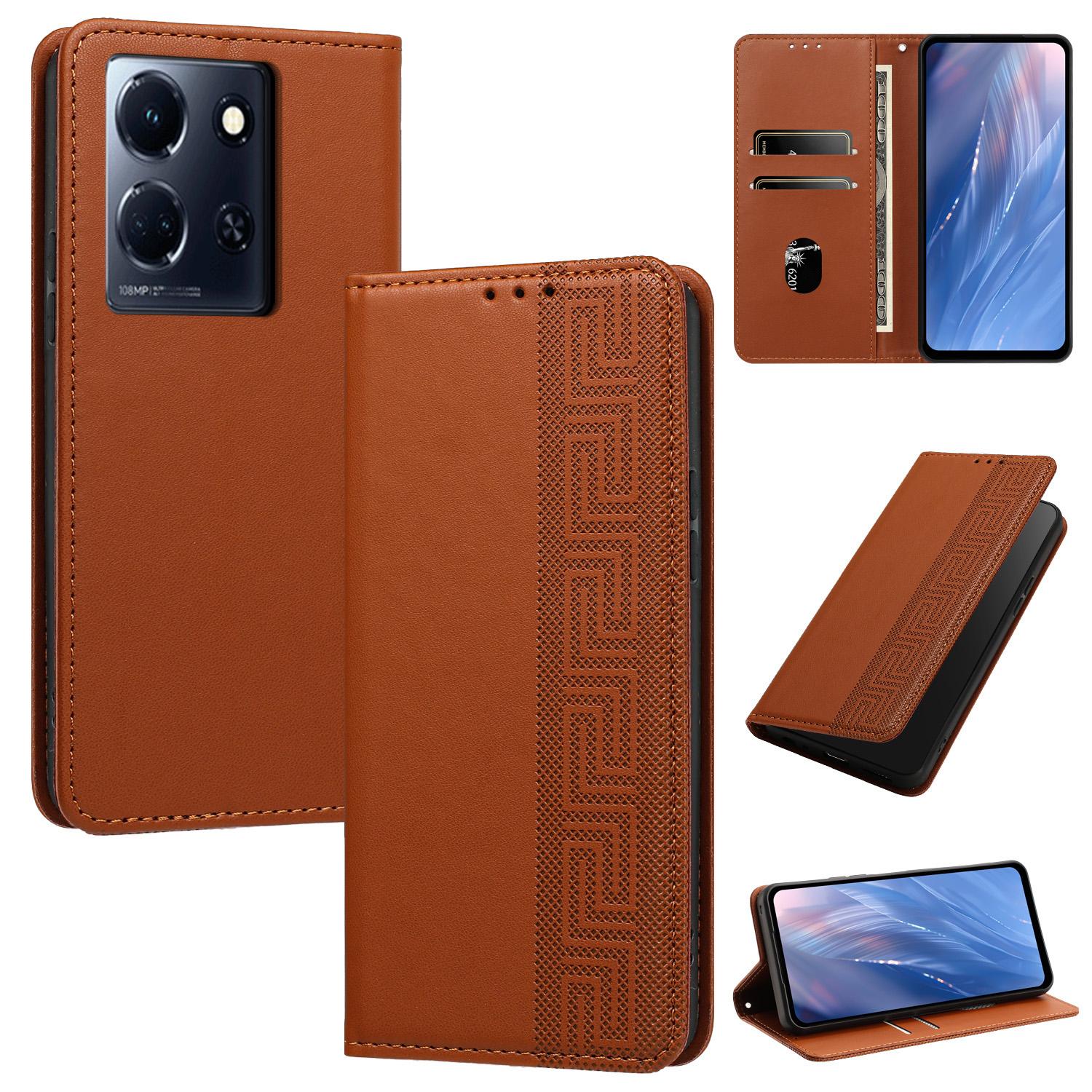 For Infinix Note 30 4G / 5G Embossed Meander Pattern RFID Vegan Leather Phone Case(Brown) - Shopkiz.com