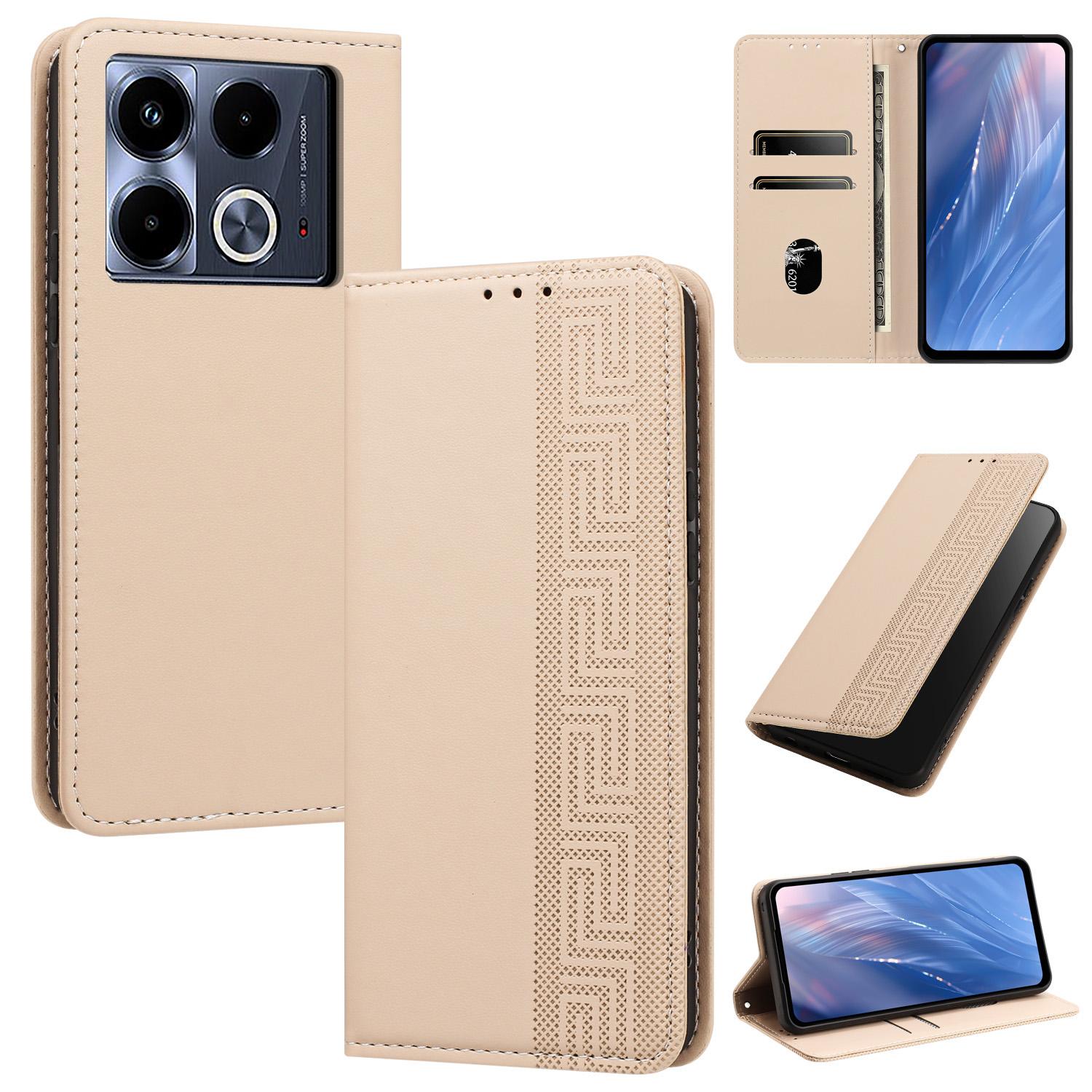 For Infinix Note 40 4G Embossed Meander Pattern RFID Vegan Leather Phone Case(Beige) - Shopkiz.com