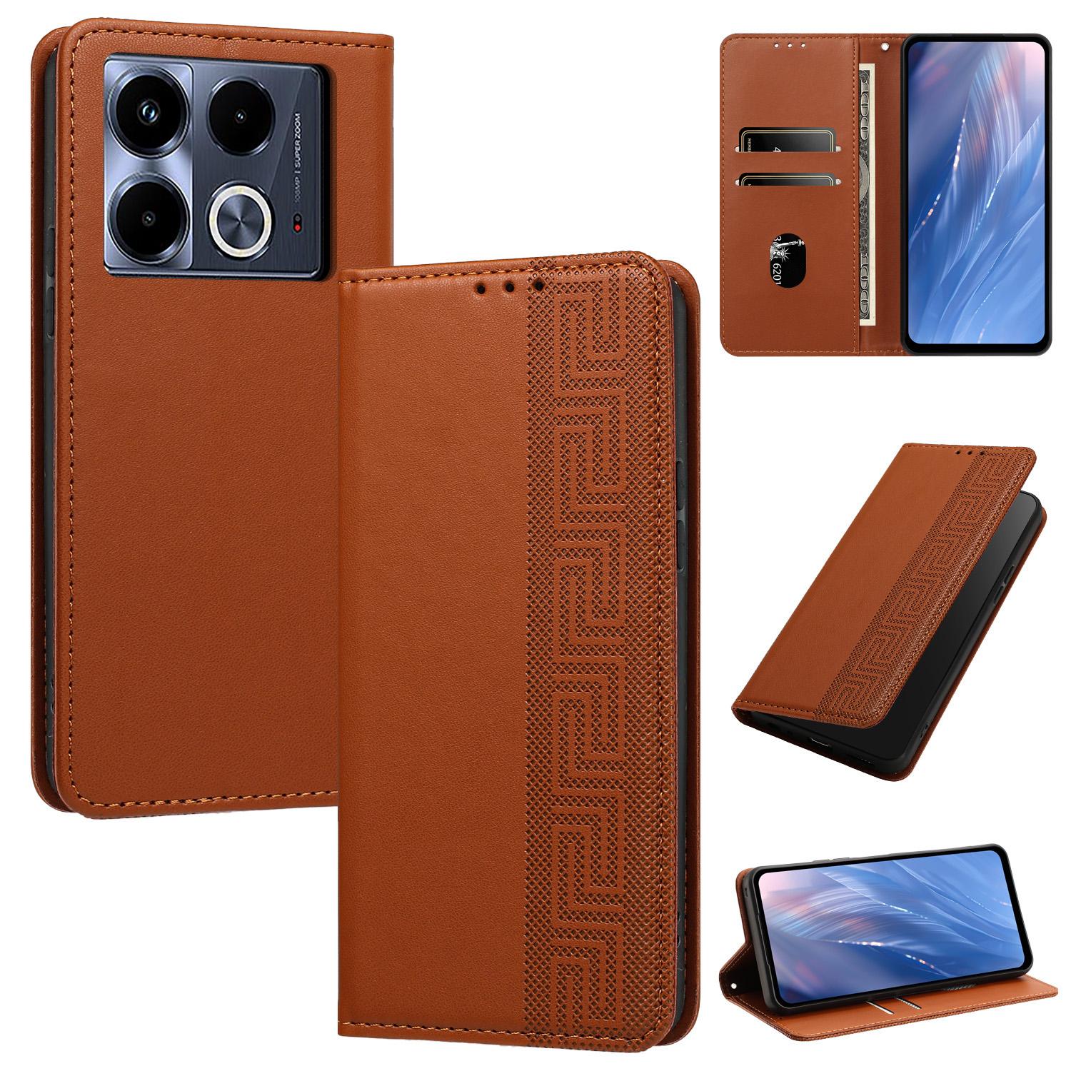 For Infinix Note 40 4G Embossed Meander Pattern RFID Vegan Leather Phone Case(Brown) - Shopkiz.com
