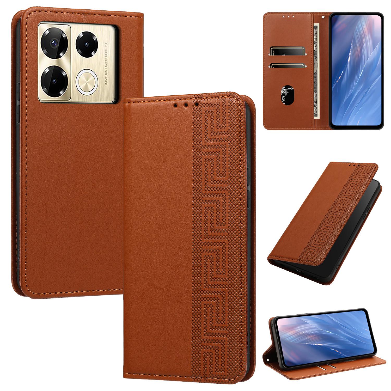 For Infinix Note 40 Pro 4G / 5G Embossed Meander Pattern RFID Vegan Leather Phone Case(Brown) - Shopkiz.com
