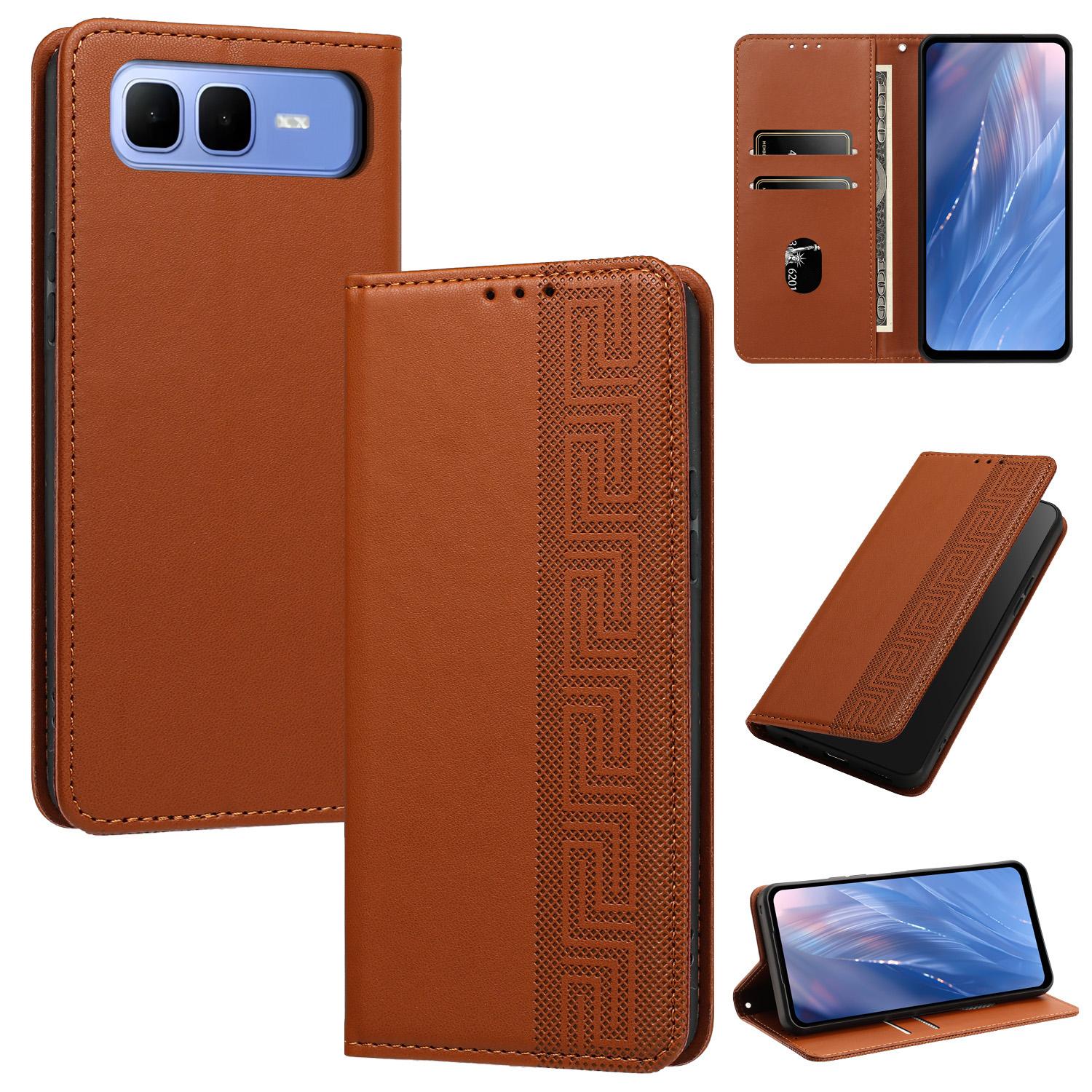 For Infinix Smart 10 Plus 4G Embossed Meander Pattern RFID Vegan Leather Phone Case(Brown) - Shopkiz.com