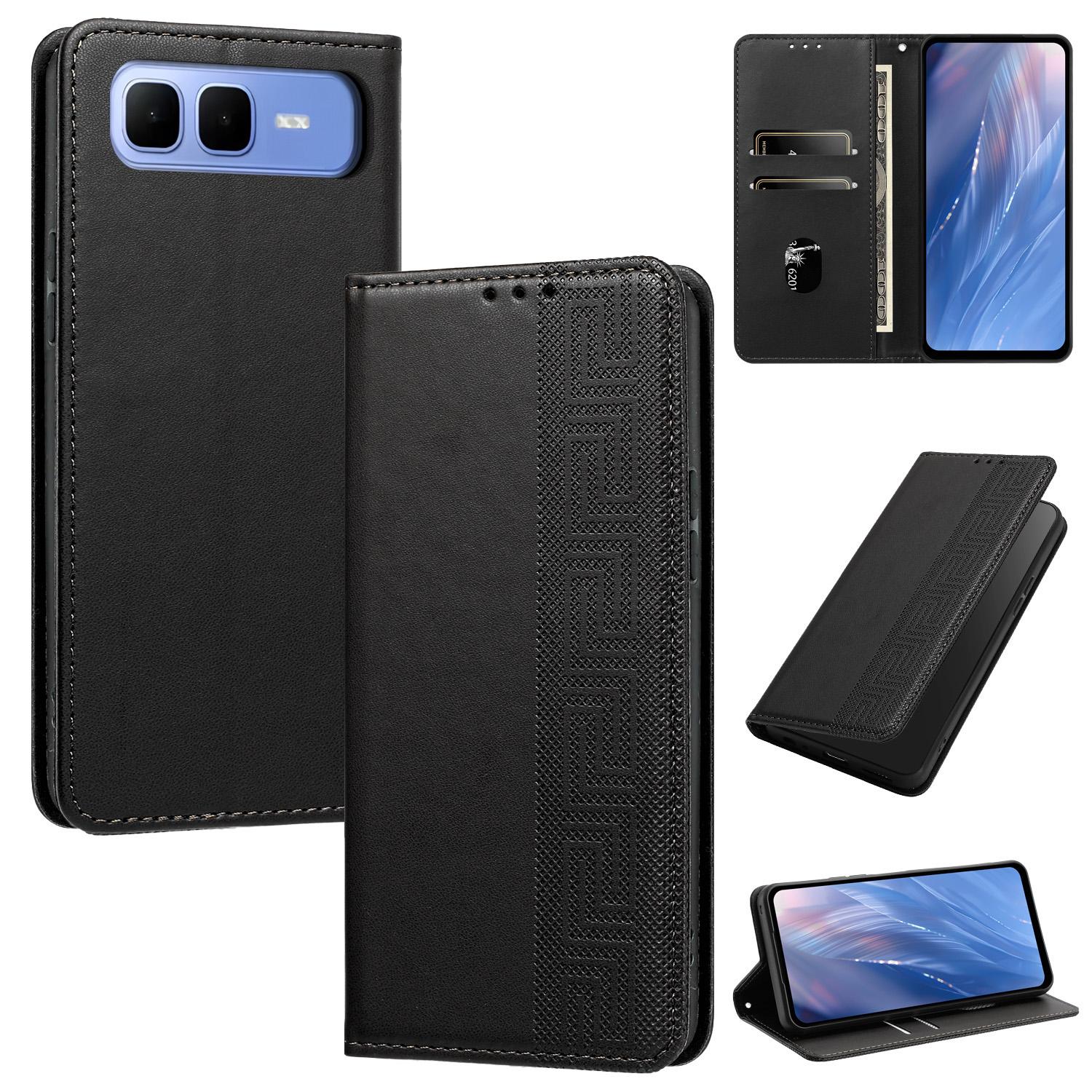 For Infinix Smart 10 Plus 4G Embossed Meander Pattern RFID Vegan Leather Phone Case(Black) - Shopkiz.com