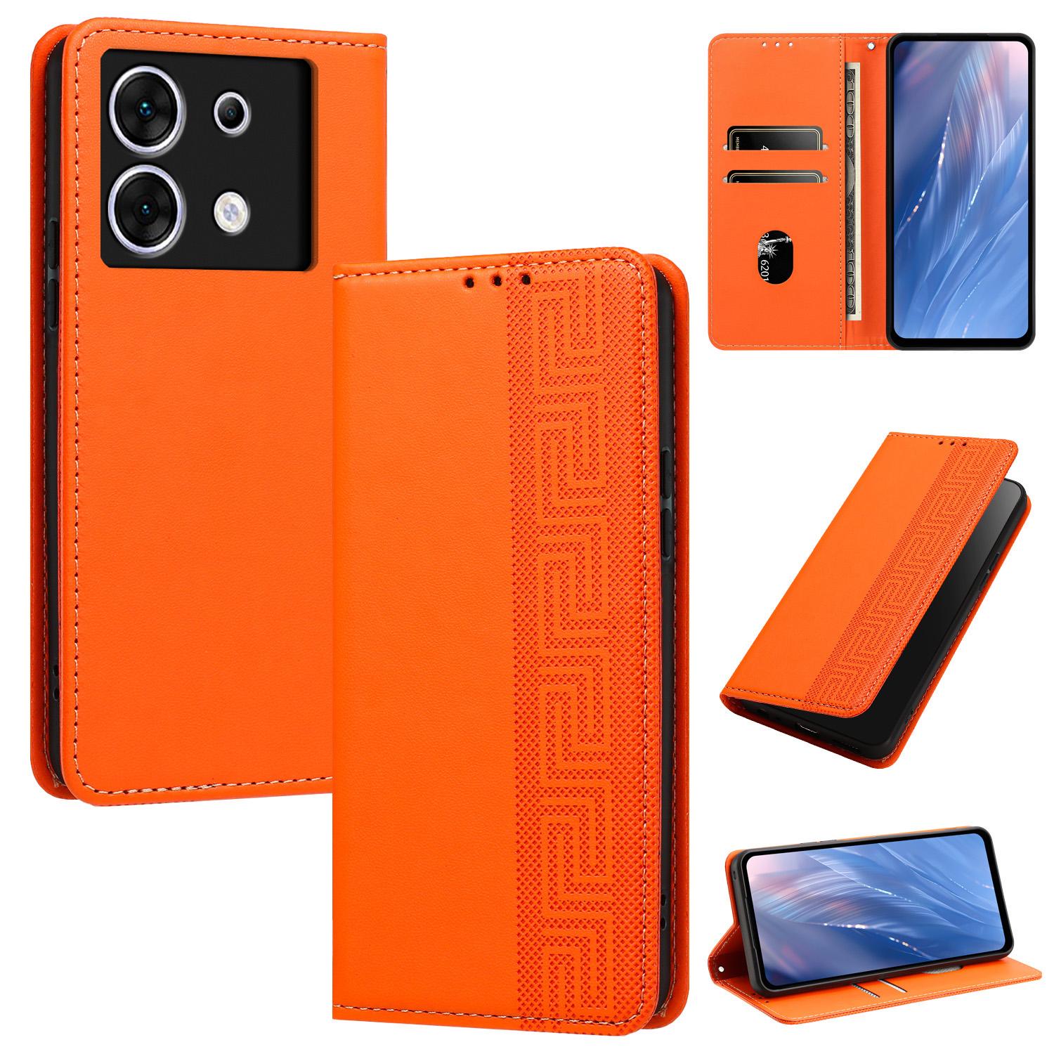 For Infinix Zero 30 5G Embossed Meander Pattern RFID Vegan Leather Phone Case(Orange) - Shopkiz.com