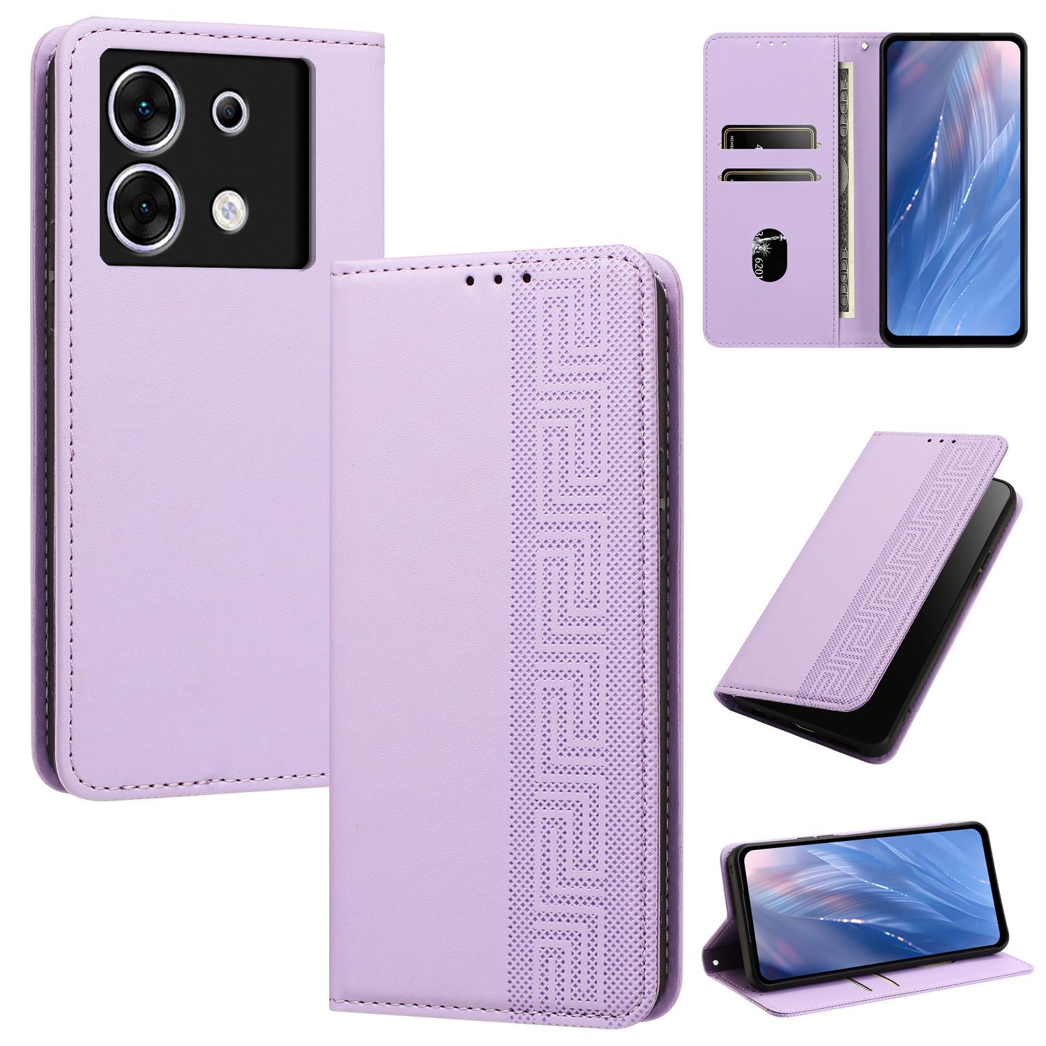 For Infinix Zero 30 5G Embossed Meander Pattern RFID Vegan Leather Phone Case(Light Purple) - Shopkiz.com
