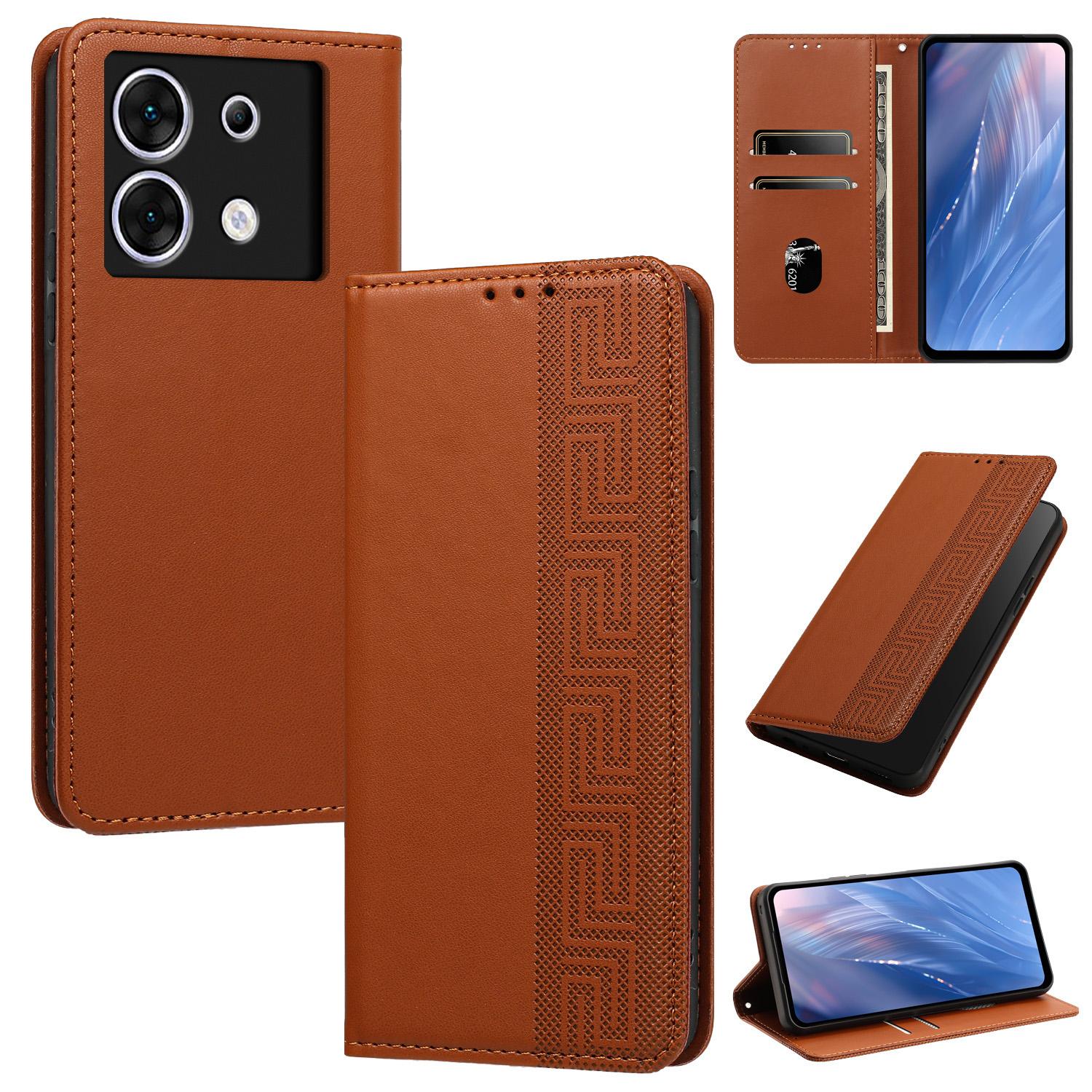 For Infinix Zero 30 5G Embossed Meander Pattern RFID Vegan Leather Phone Case(Brown) - Shopkiz.com