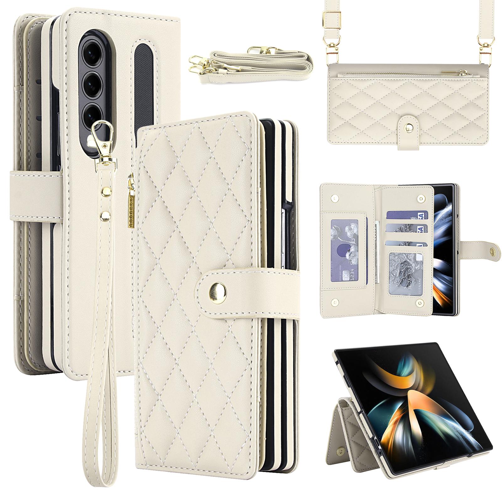 For Galaxy Z Fold4 Zipper Wallet Rhombic Vegan Leather Phone Case with Pen Slot(White) - Shopkiz.com
