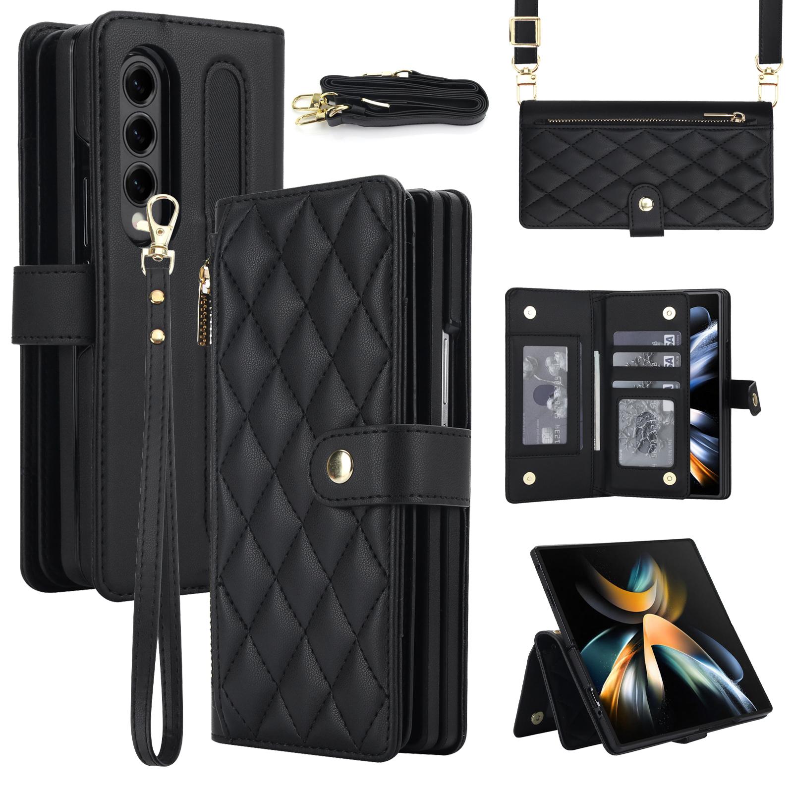 For Galaxy Z Fold4 Zipper Wallet Rhombic Vegan Leather Phone Case with Pen Slot(Black) - Shopkiz.com