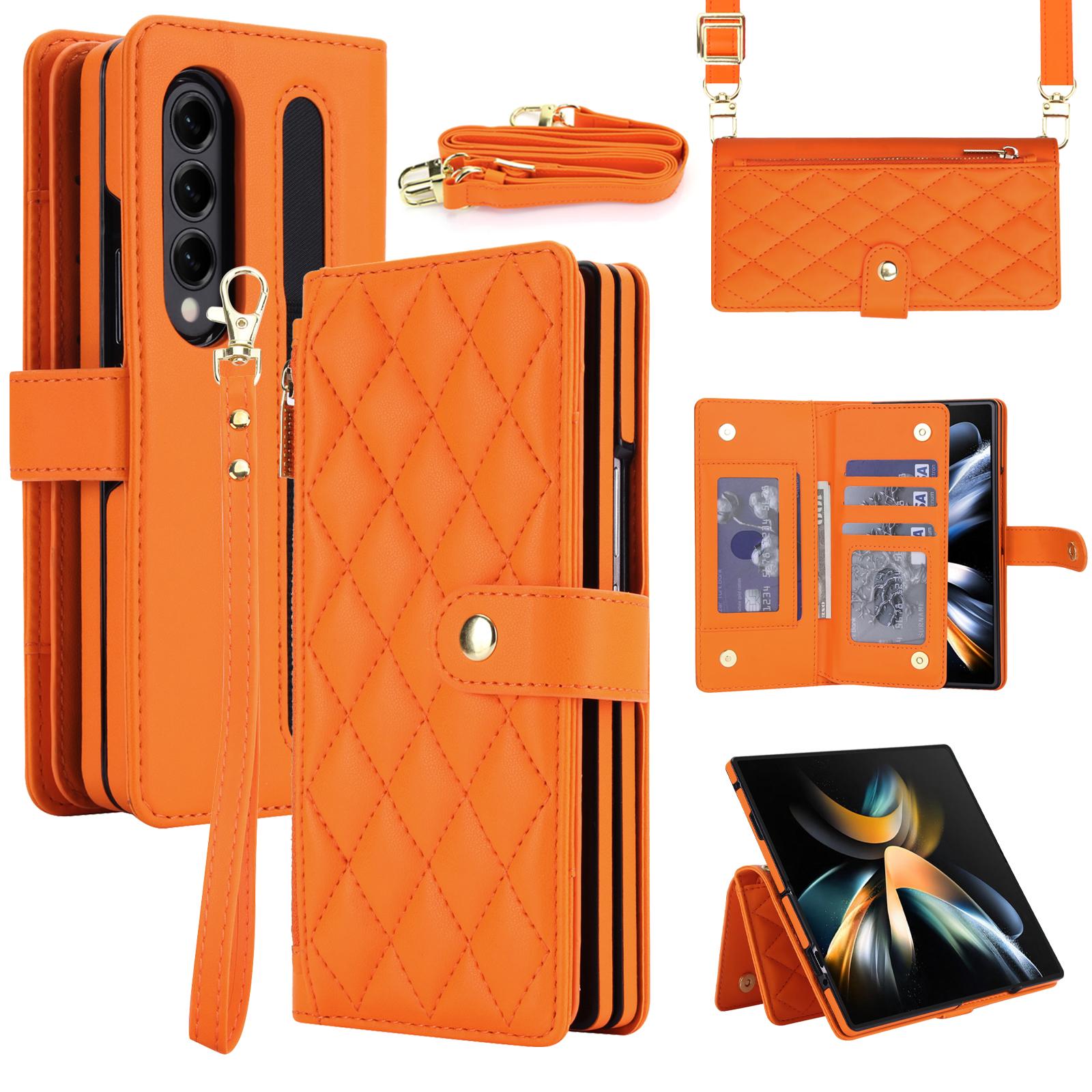 For Galaxy Z Fold3 5G Zipper Wallet Rhombic Vegan Leather Phone Case with Pen Slot(Orange) - Shopkiz.com