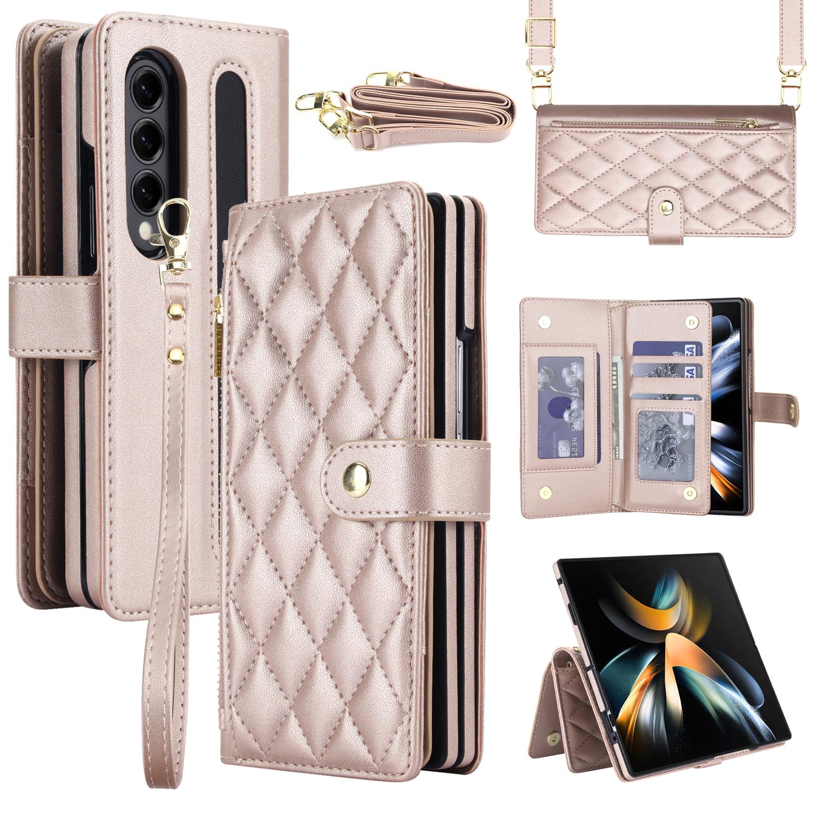 For Galaxy Z Fold3 5G Zipper Wallet Rhombic Vegan Leather Phone Case with Pen Slot(Rose Gold) - Shopkiz.com
