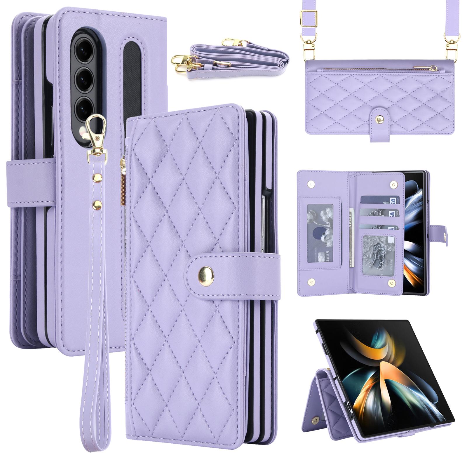 For Galaxy Z Fold3 5G Zipper Wallet Rhombic Vegan Leather Phone Case with Pen Slot(Purple) - Shopkiz.com