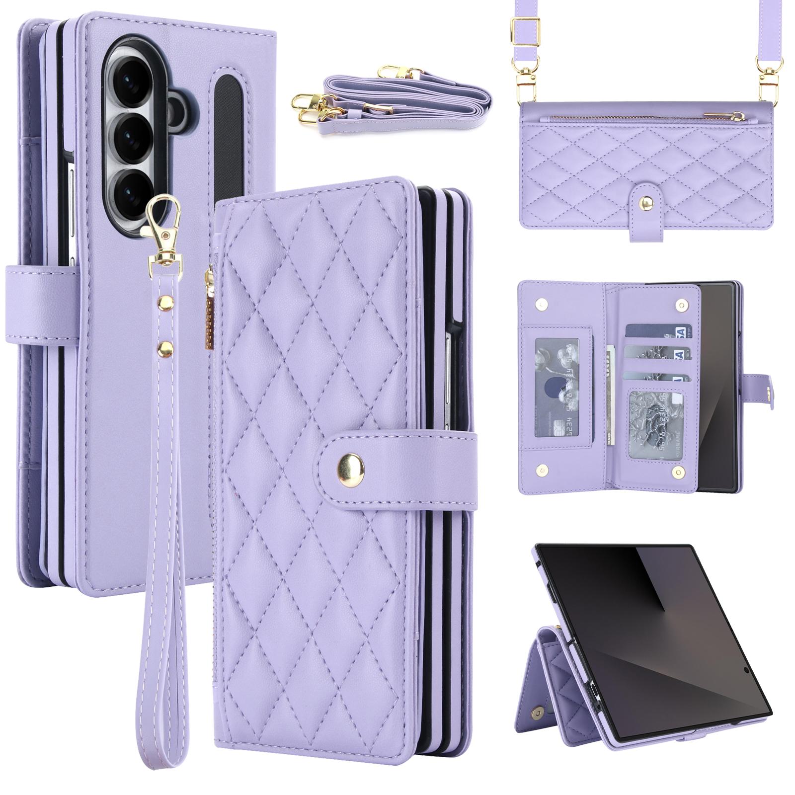 For Galaxy Z Fold7 5G Zipper Wallet Rhombic Vegan Leather Phone Case with Pen Slot(Purple) - Shopkiz.com