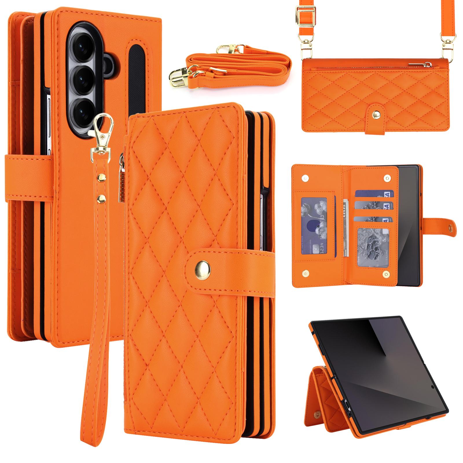 For Galaxy Z Fold8 Ultra 5G Zipper Wallet Rhombic Vegan Leather Phone Case with Pen Slot(Orange) - Shopkiz.com