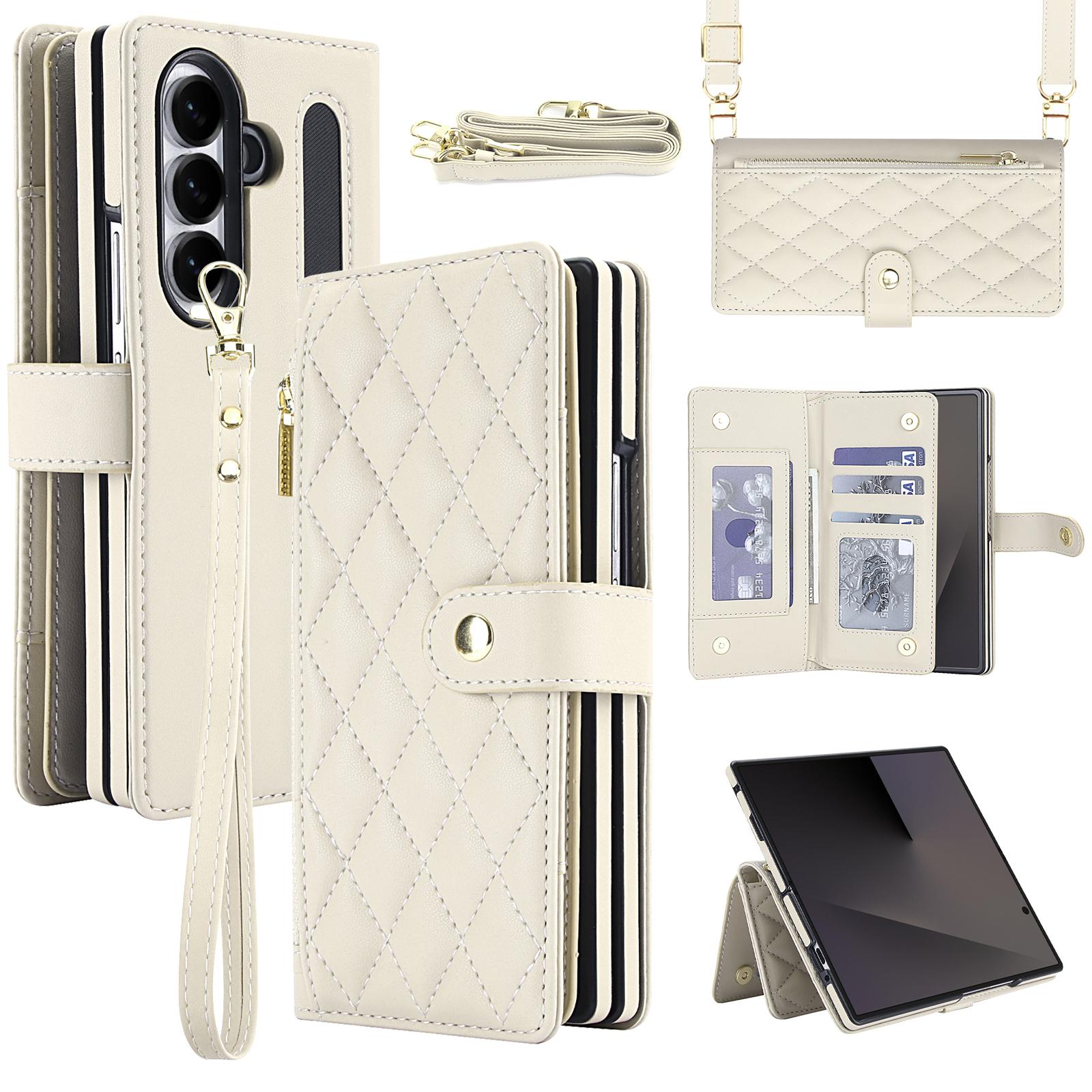 For Galaxy Z Fold8 Ultra 5G Zipper Wallet Rhombic Vegan Leather Phone Case with Pen Slot(White) - Shopkiz.com