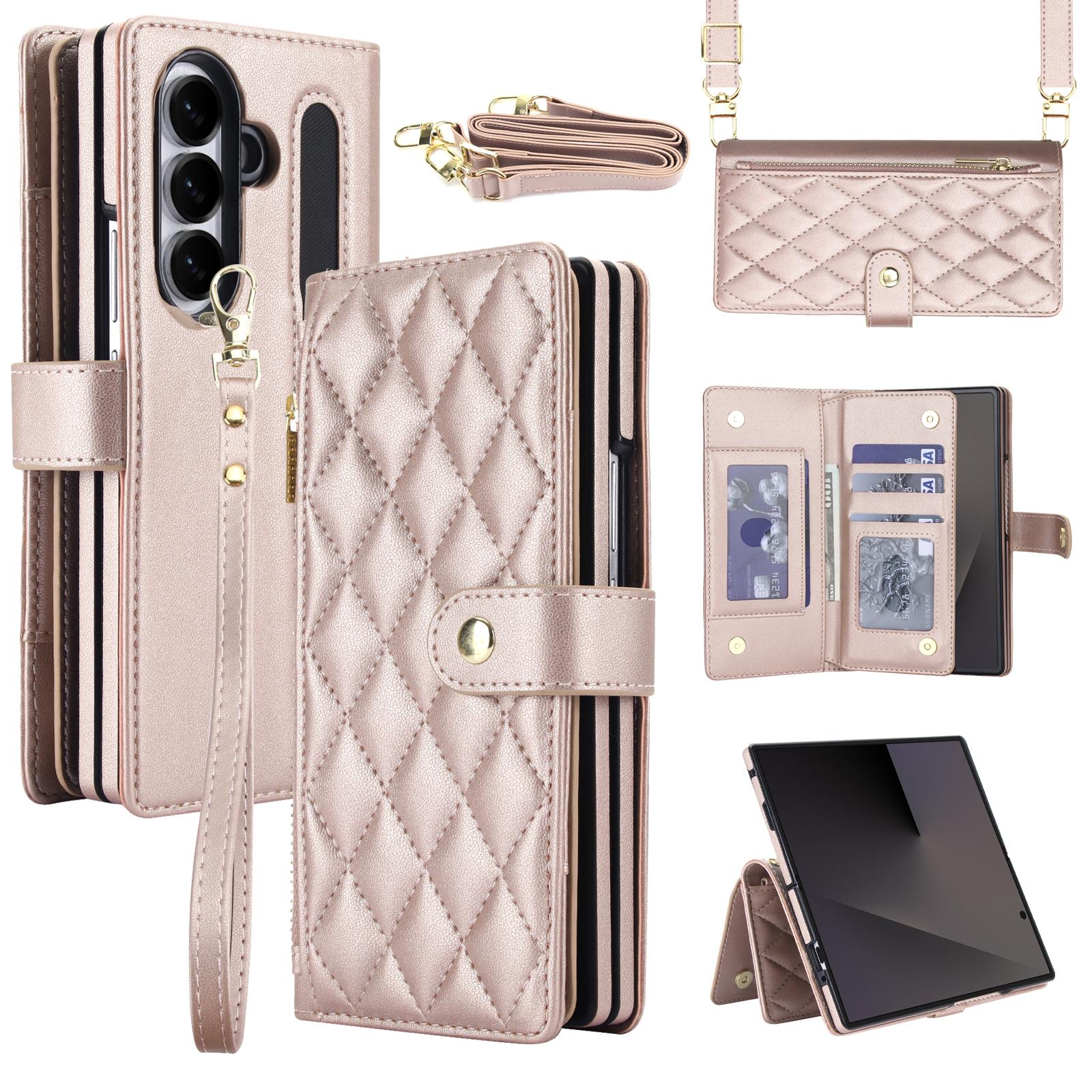 For Galaxy Z Fold8 Ultra 5G Zipper Wallet Rhombic Vegan Leather Phone Case with Pen Slot(Rose Gold) - Shopkiz.com