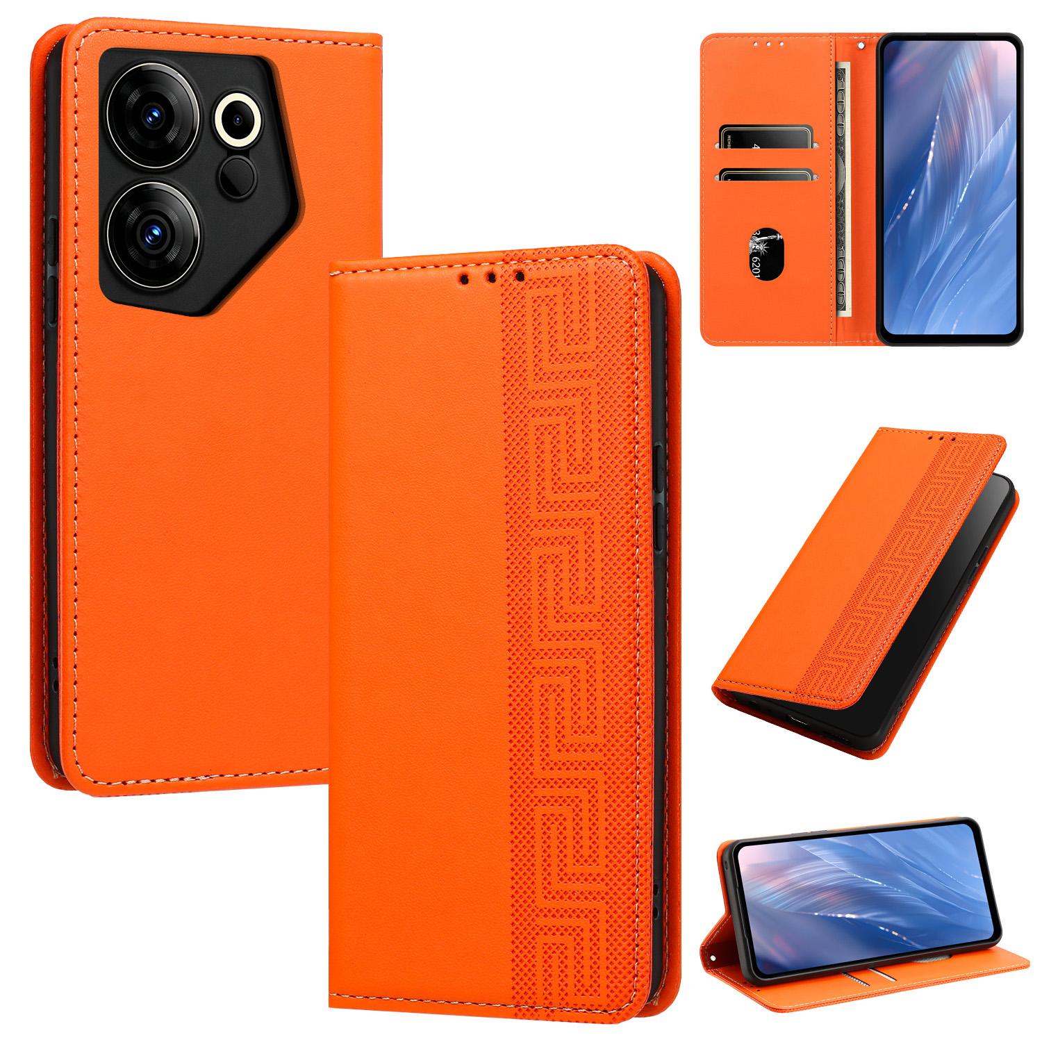 For Tecno Camon 20 Premier Embossed Meander Pattern RFID Vegan Leather Phone Case(Orange) - Shopkiz.com
