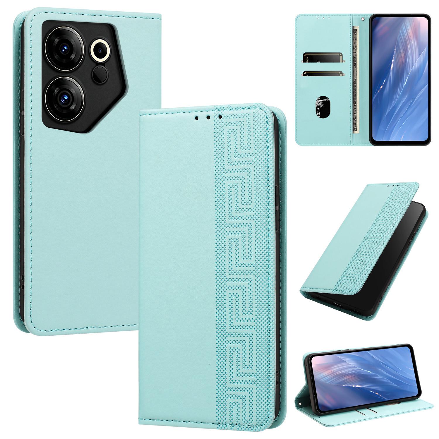 For Tecno Camon 20 Premier Embossed Meander Pattern RFID Vegan Leather Phone Case(Mint Green) - Shopkiz.com