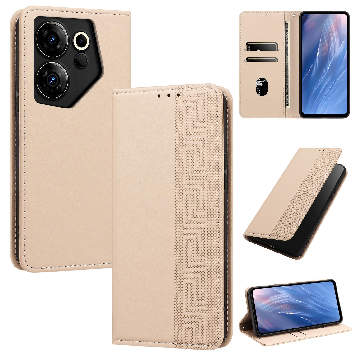 For Tecno Camon 20 Premier Embossed Meander Pattern RFID Vegan Leather Phone Case(Beige) - Shopkiz.com