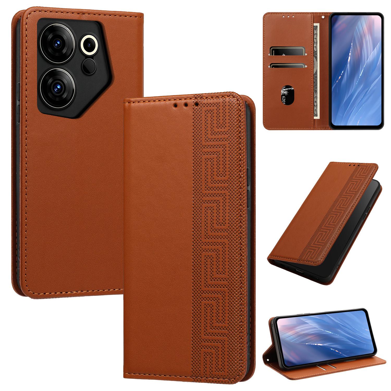 For Tecno Camon 20 Premier Embossed Meander Pattern RFID Vegan Leather Phone Case(Brown) - Shopkiz.com