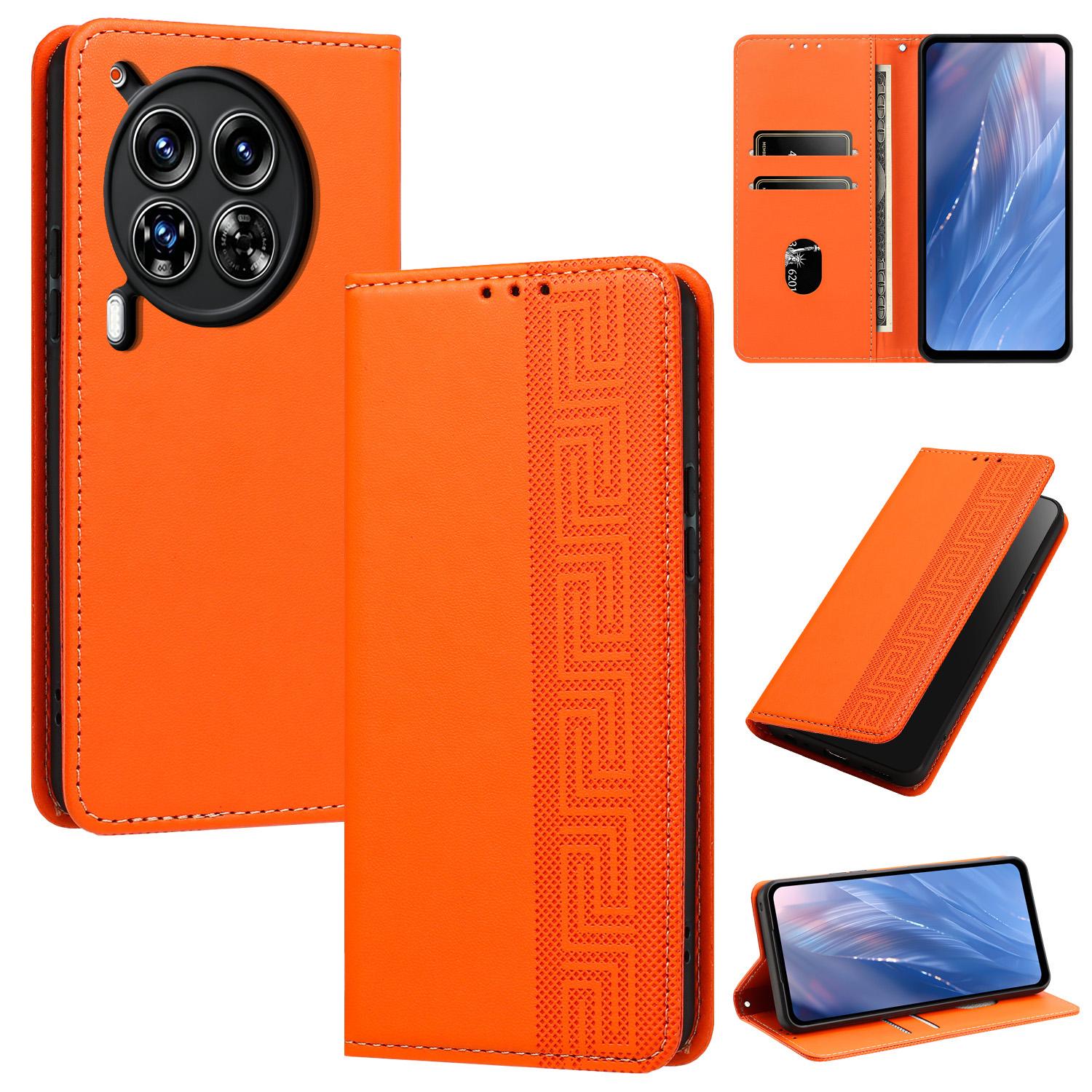 For Tecno Camon 30 4G / 5G Embossed Meander Pattern RFID Vegan Leather Phone Case(Orange) - Shopkiz.com