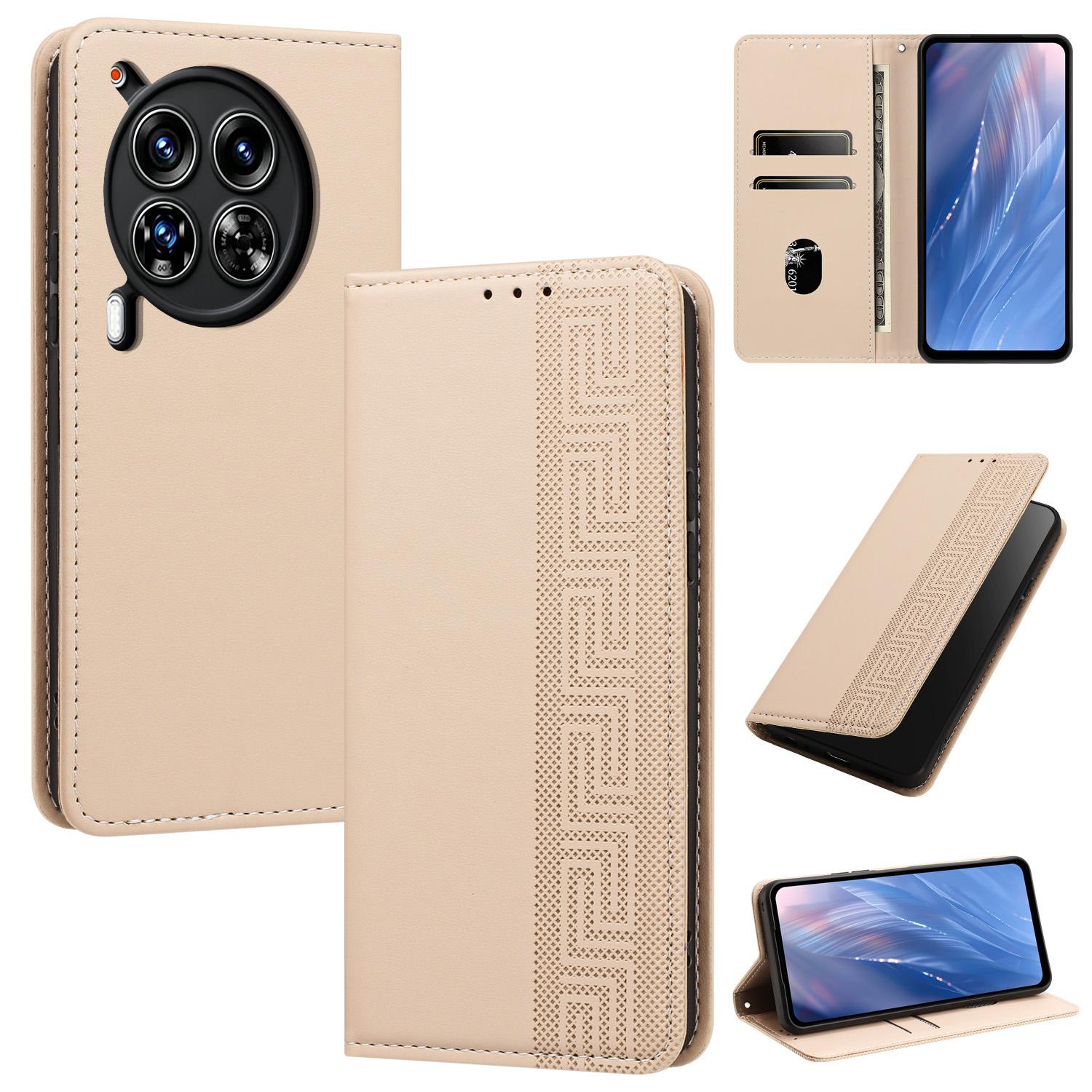 For Tecno Camon 30 Premier 5G Embossed Meander Pattern RFID Vegan Leather Phone Case(Beige) - Shopkiz.com