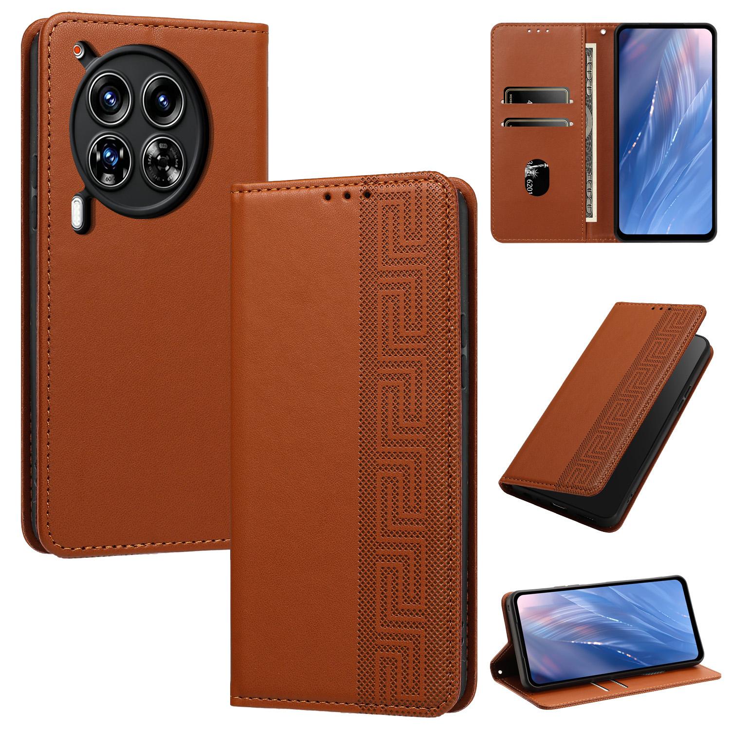 For Tecno Camon 30 Premier 5G Embossed Meander Pattern RFID Vegan Leather Phone Case(Brown) - Shopkiz.com