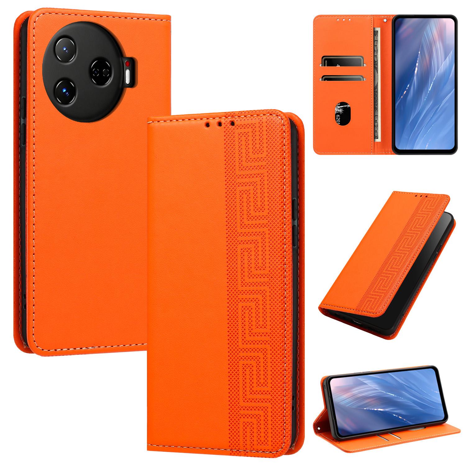 For Tecno Camon 30 Pro 5G Embossed Meander Pattern RFID Vegan Leather Phone Case(Orange) - Shopkiz.com