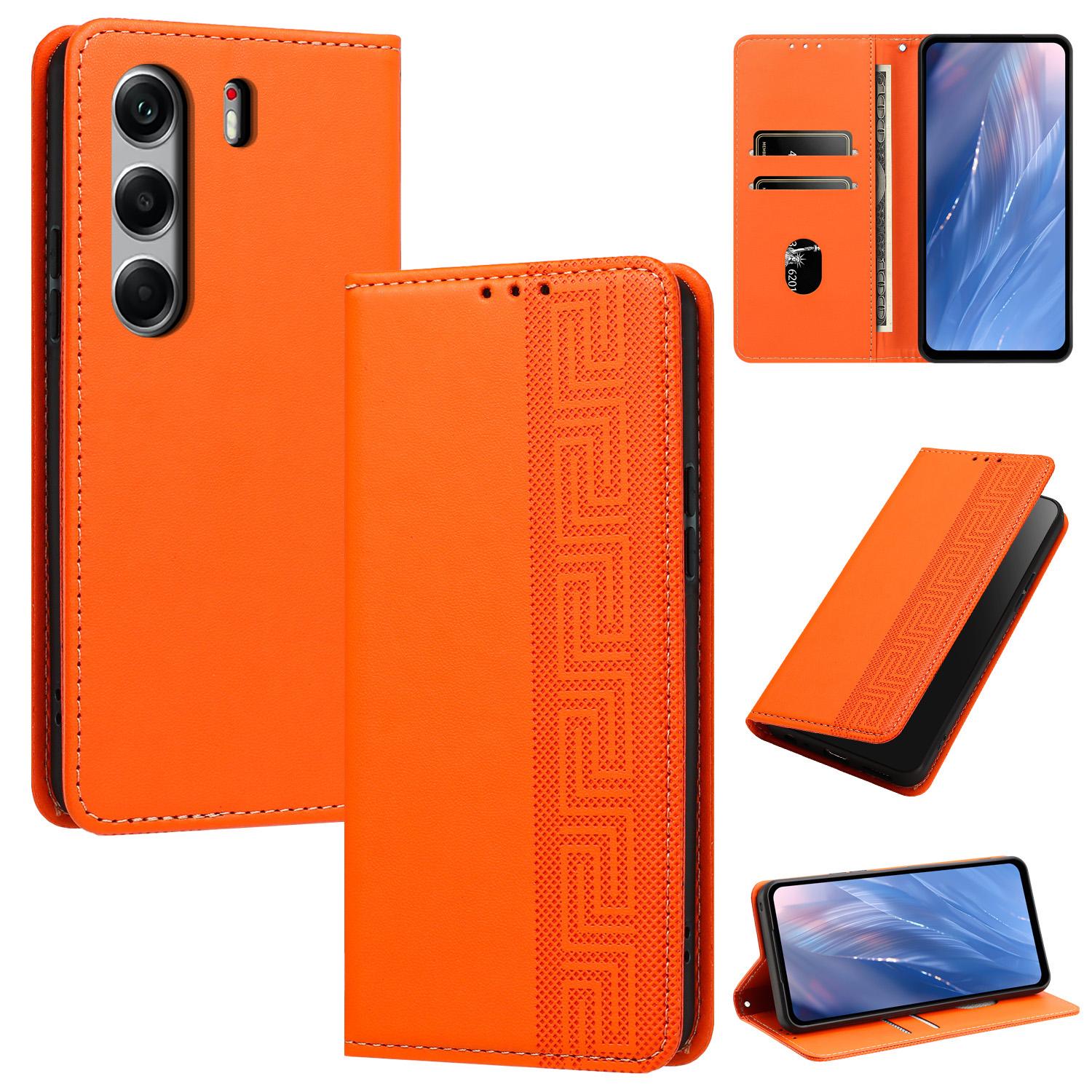 For Tecno Camon 40 4G Embossed Meander Pattern RFID Vegan Leather Phone Case(Orange) - Shopkiz.com