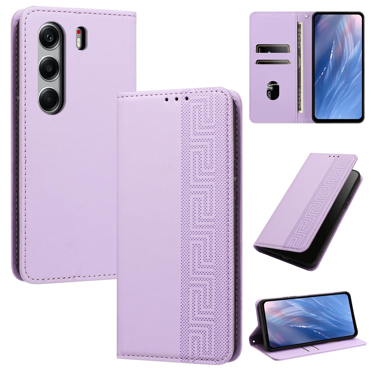 For Tecno Camon 40 Pro 5G Embossed Meander Pattern RFID Vegan Leather Phone Case(Light Purple) - Shopkiz.com