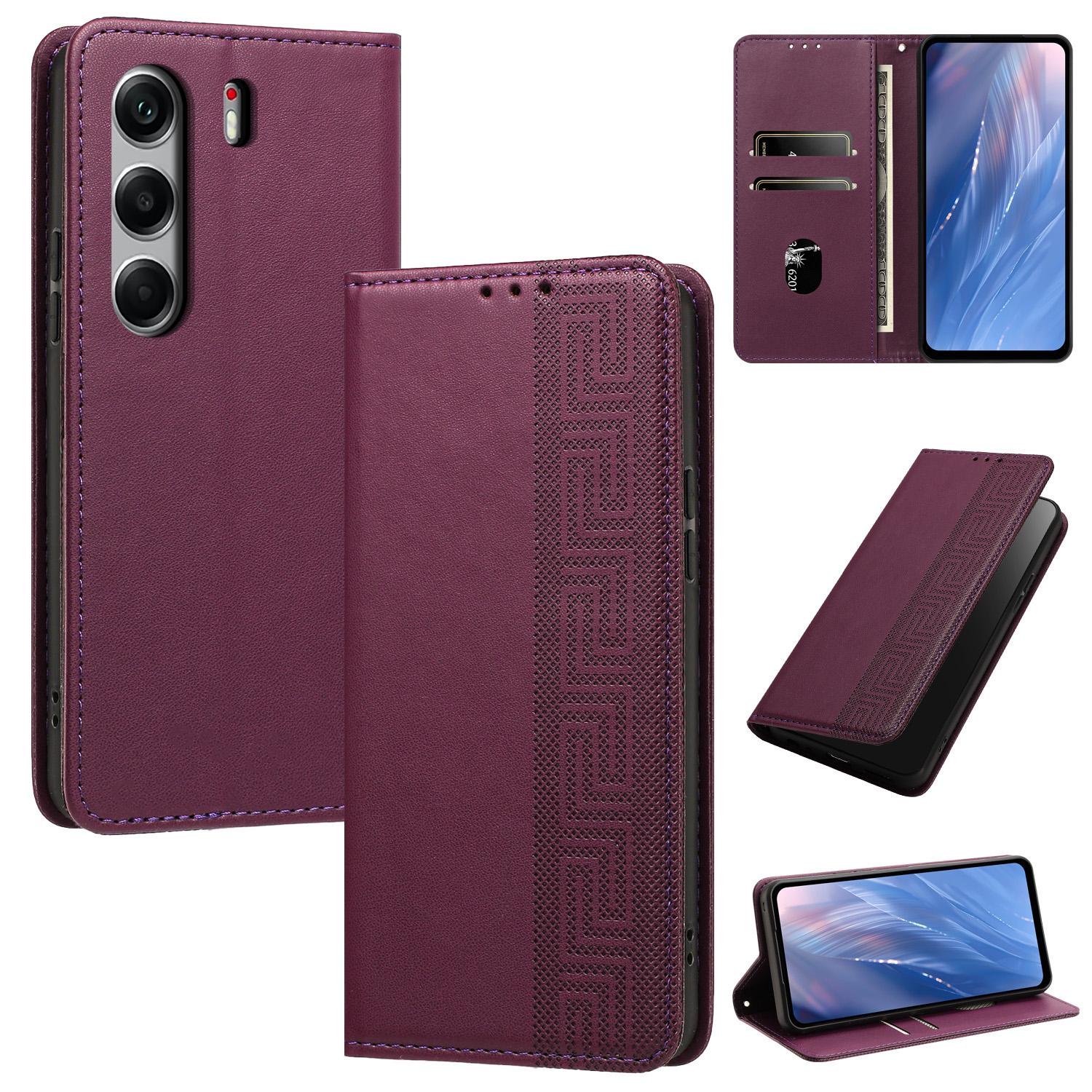 For Tecno Camon 40 Pro 5G Embossed Meander Pattern RFID Vegan Leather Phone Case(Dark Purple) - Shopkiz.com