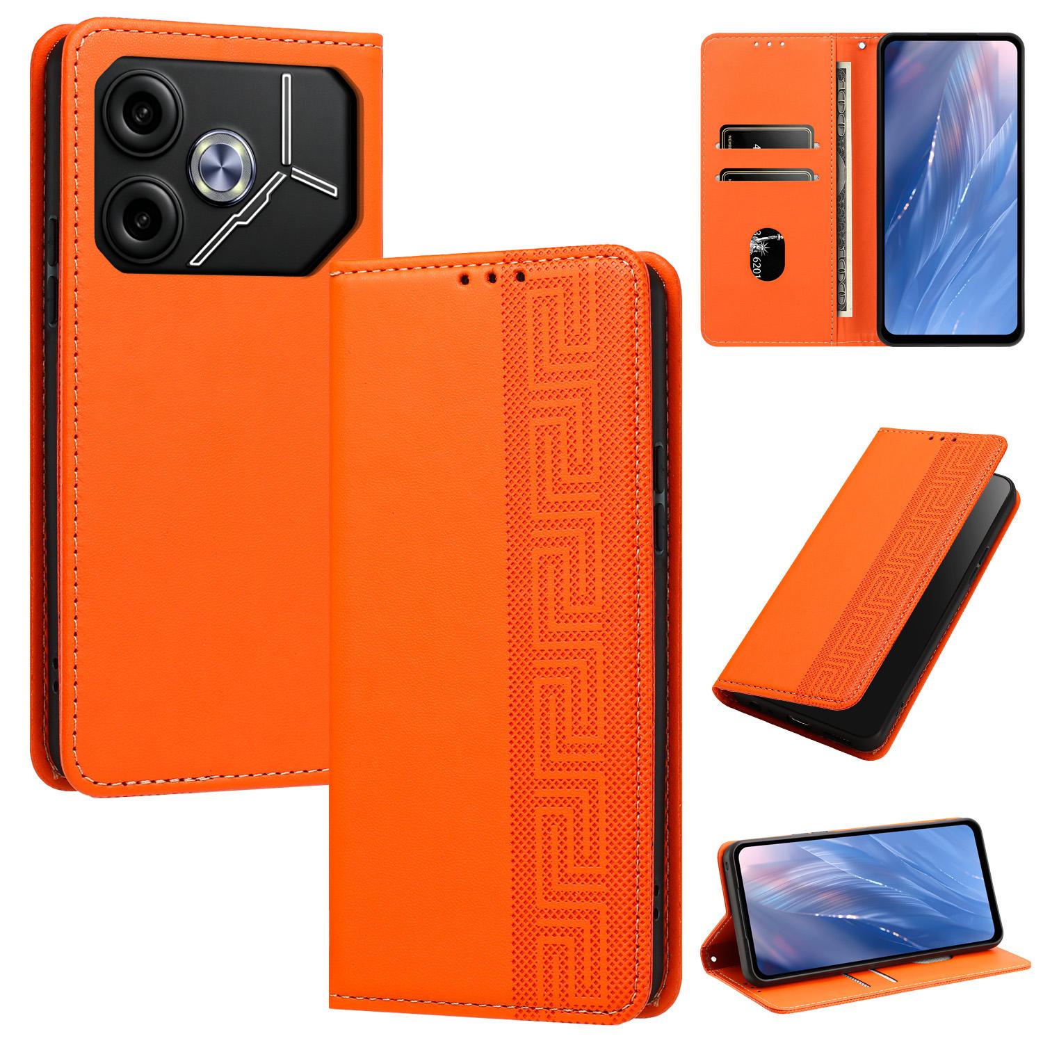 For Tecno Pova 6 5G Embossed Meander Pattern RFID Vegan Leather Phone Case(Orange) - Shopkiz.com
