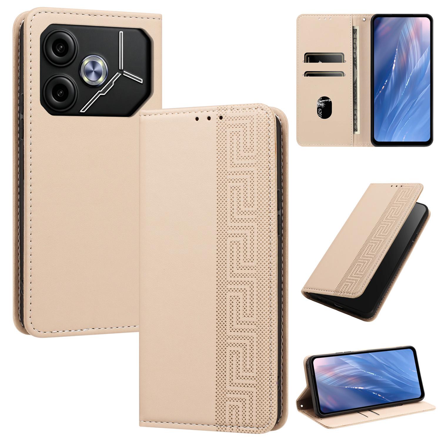 For Tecno Pova 6 5G Embossed Meander Pattern RFID Vegan Leather Phone Case(Beige) - Shopkiz.com
