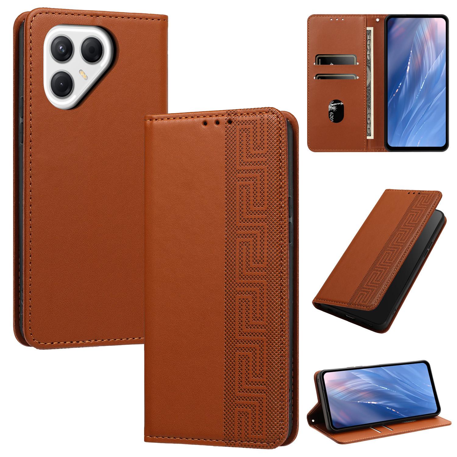 For Tecno Pova 7 5G Embossed Meander Pattern RFID Vegan Leather Phone Case(Brown) - Shopkiz.com
