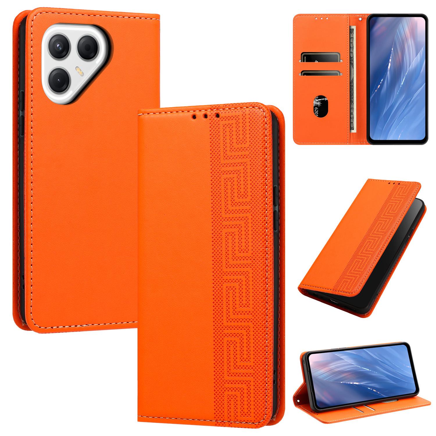 For Tecno Pova 7 Ultra Embossed Meander Pattern RFID Vegan Leather Phone Case(Orange) - Shopkiz.com