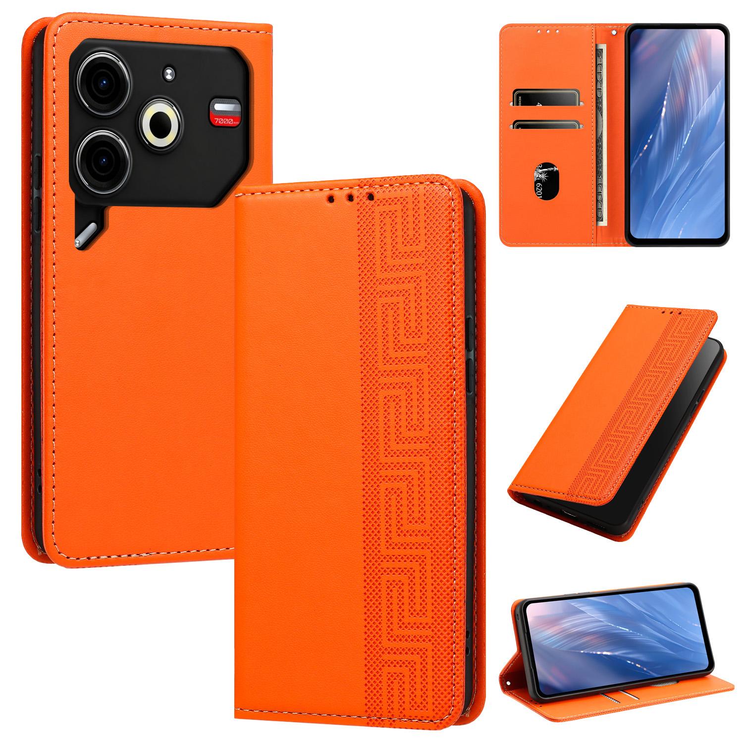 For Tecno Pova 6 Neo 4G Embossed Meander Pattern RFID Vegan Leather Phone Case(Orange) - Shopkiz.com