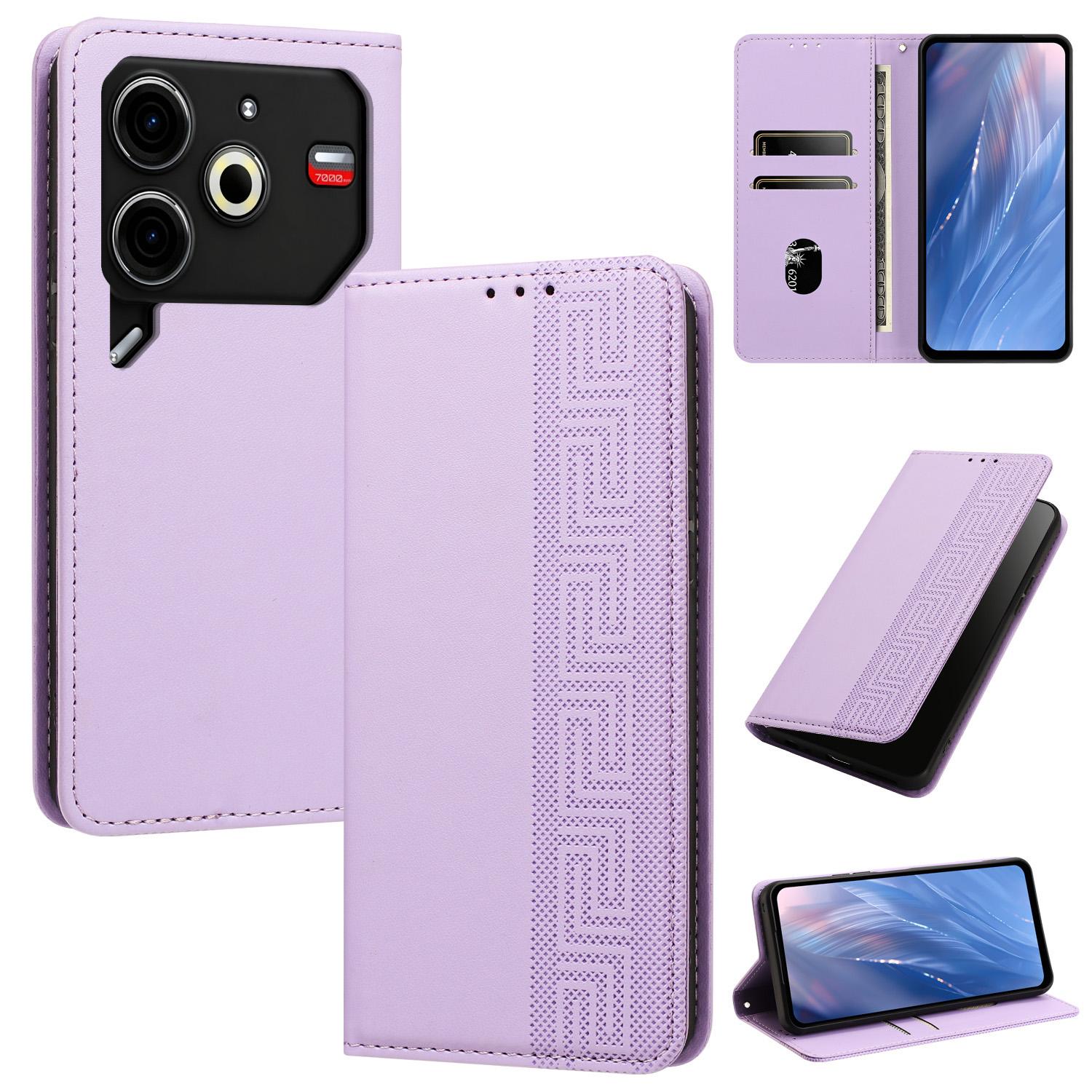 For Tecno Pova 6 Neo 4G Embossed Meander Pattern RFID Vegan Leather Phone Case(Light Purple) - Shopkiz.com