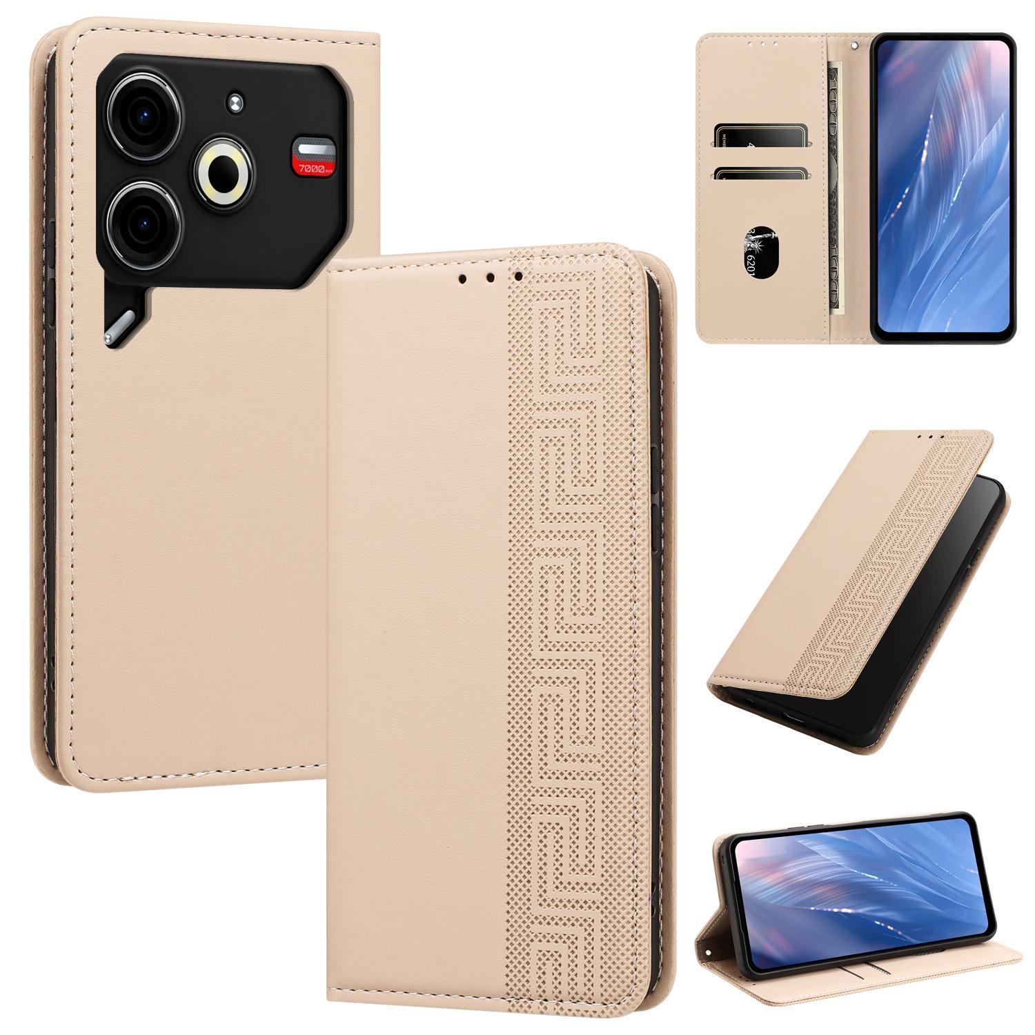 For Tecno Pova 6 Neo 4G Embossed Meander Pattern RFID Vegan Leather Phone Case(Beige) - Shopkiz.com