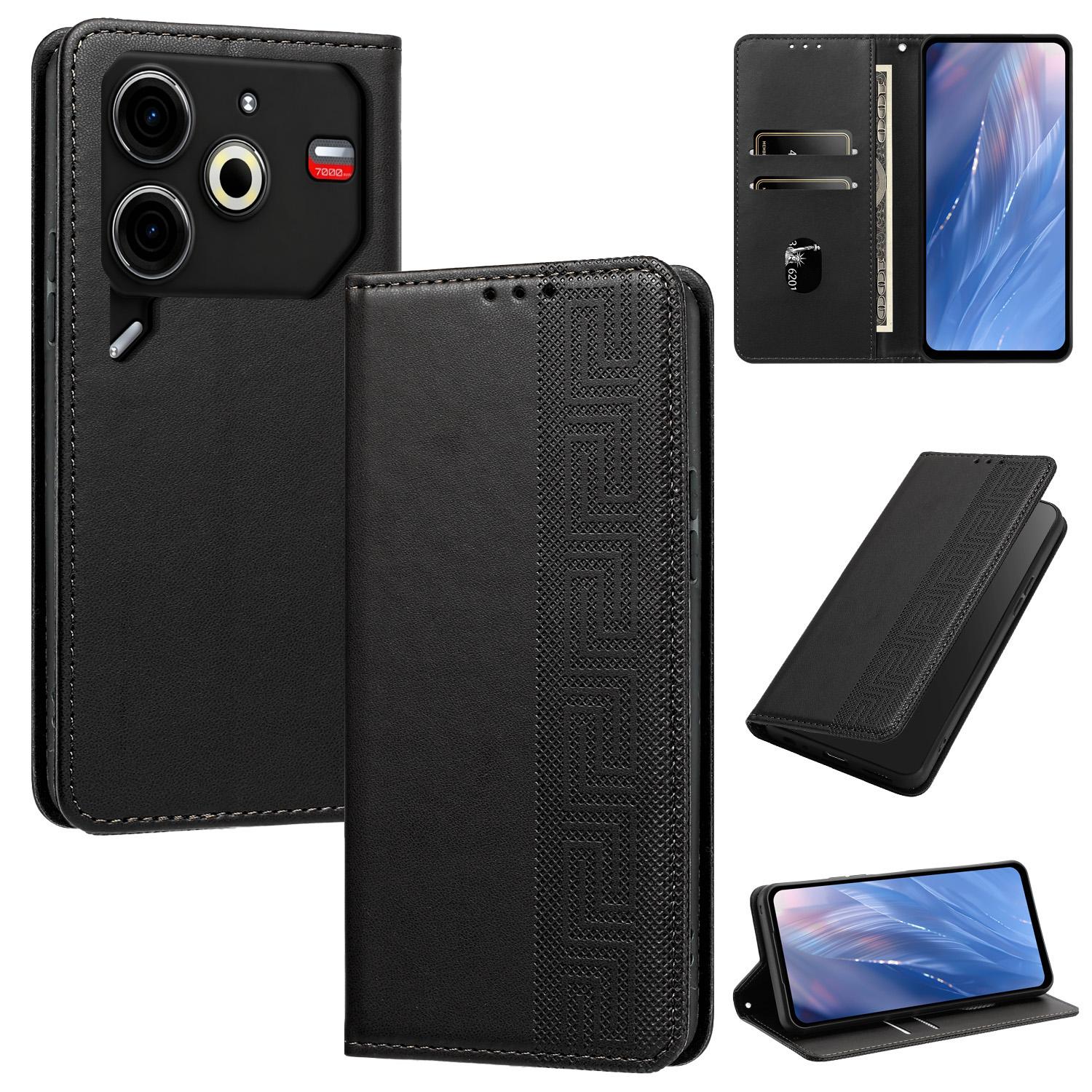 For Tecno Pova 6 Neo 4G Embossed Meander Pattern RFID Vegan Leather Phone Case(Black) - Shopkiz.com