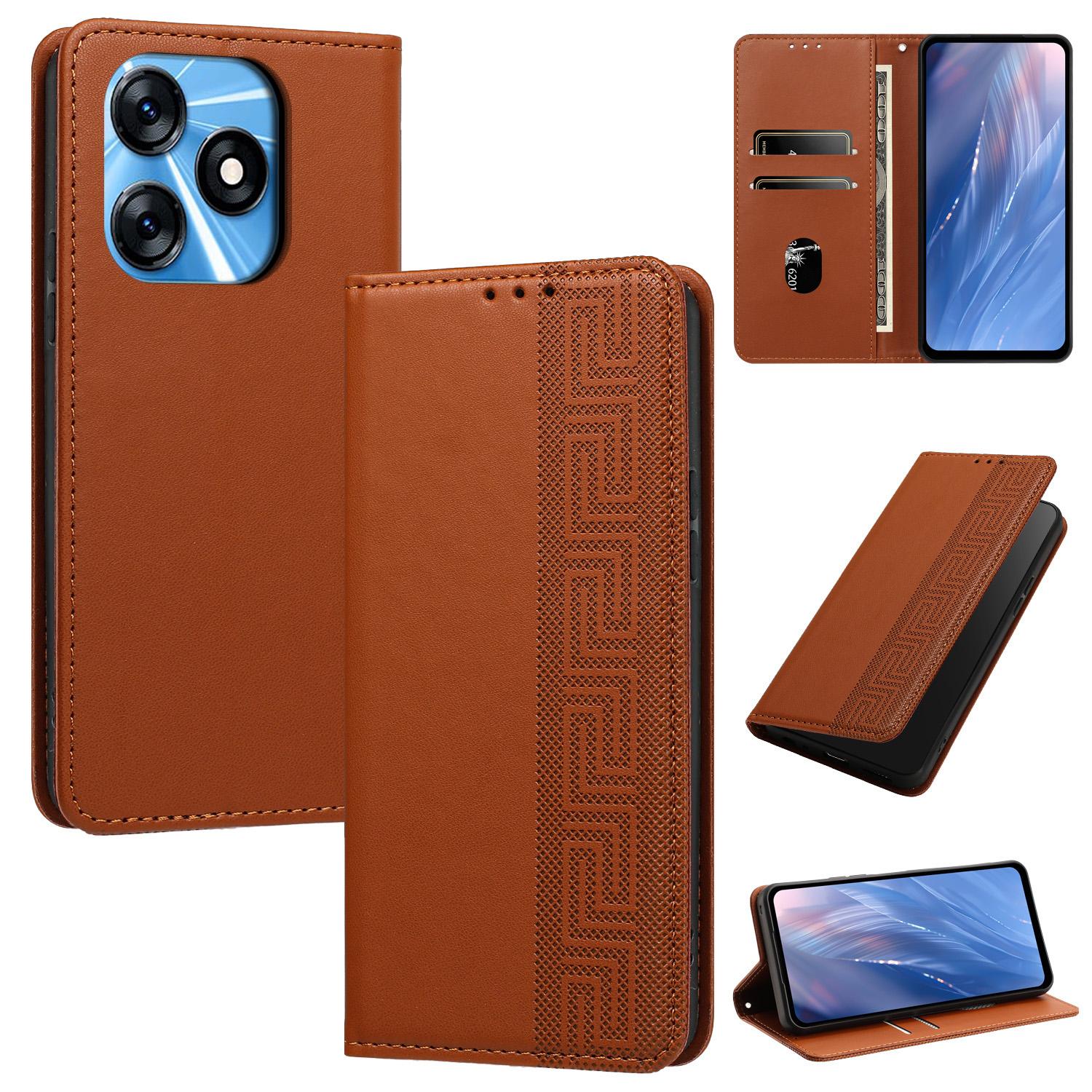 For Tecno Spark 10 4G / Spark 10C Embossed Meander Pattern RFID Vegan Leather Phone Case(Brown) - Shopkiz.com