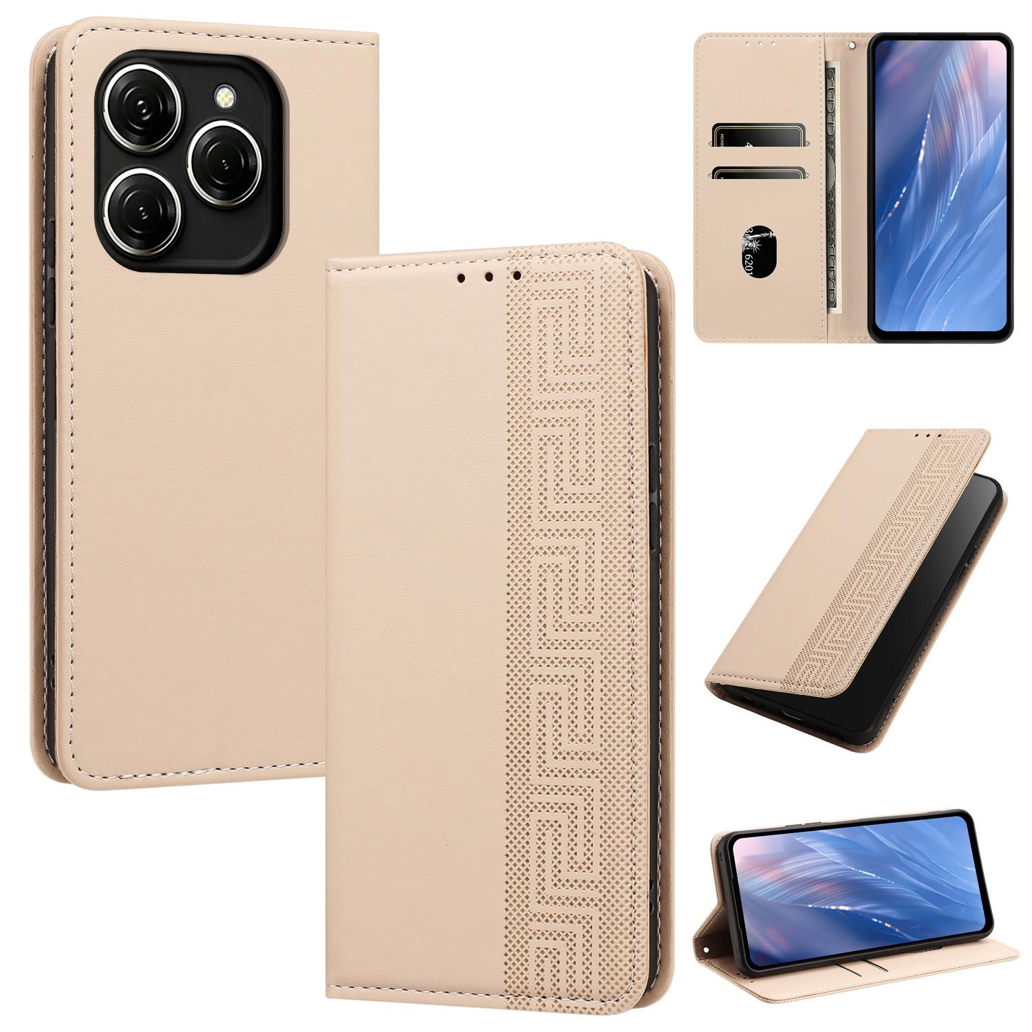 For Tecno Spark 20 Pro 5G Embossed Meander Pattern RFID Vegan Leather Phone Case(Beige) - Shopkiz.com