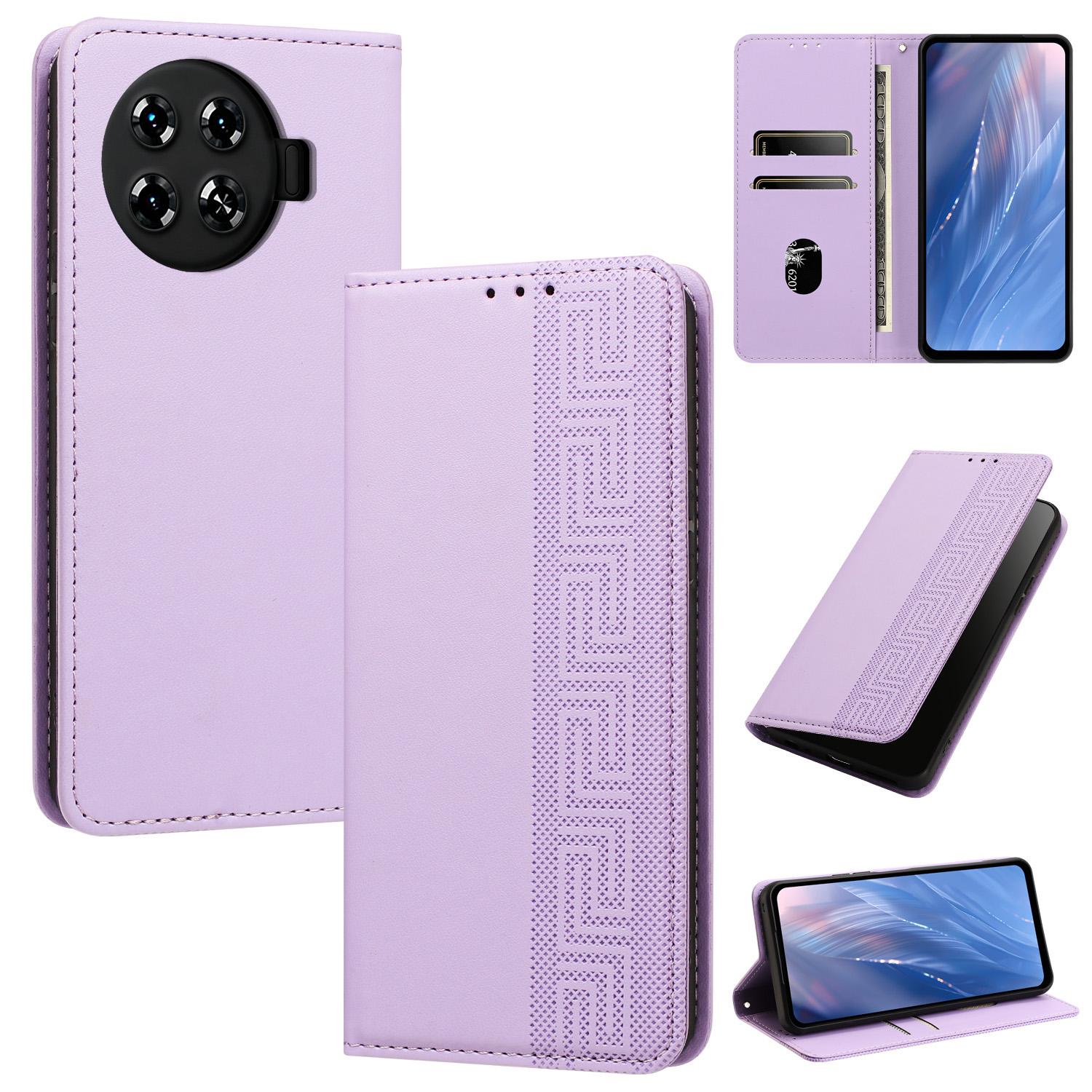 For Tecno Spark 20 Pro+ 4G Embossed Meander Pattern RFID Vegan Leather Phone Case(Light Purple) - Shopkiz.com