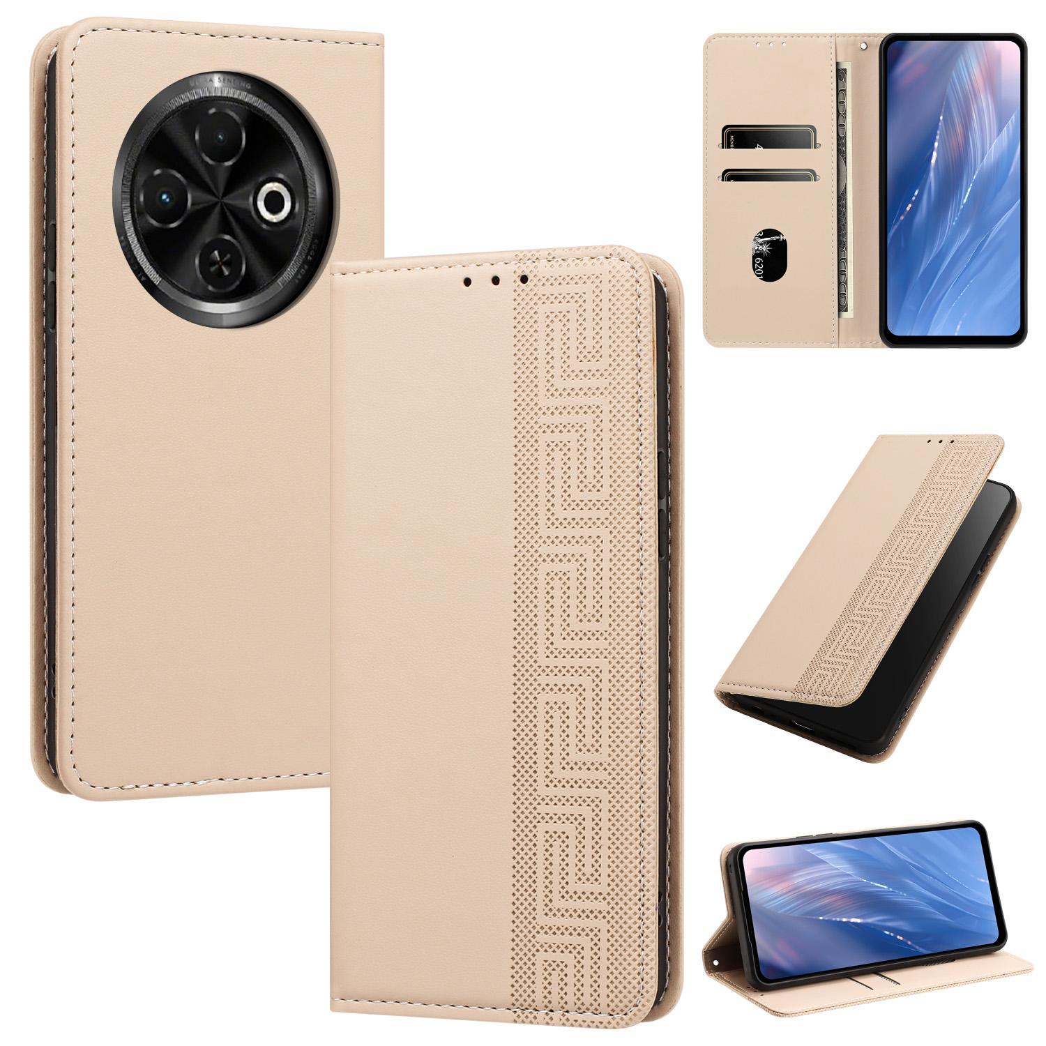 For Tecno Spark 30C 4G Embossed Meander Pattern RFID Vegan Leather Phone Case(Beige) - Shopkiz.com