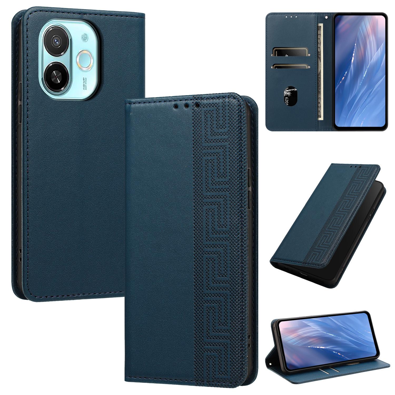 For Tecno Spark 30C 5G / Pop 9 5G Embossed Meander Pattern RFID Vegan Leather Phone Case(Dark Blue) - Shopkiz.com