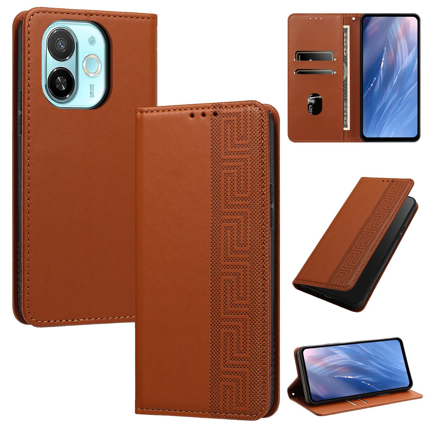 For Tecno Spark 30C 5G / Pop 9 5G Embossed Meander Pattern RFID Vegan Leather Phone Case(Brown) - Shopkiz.com