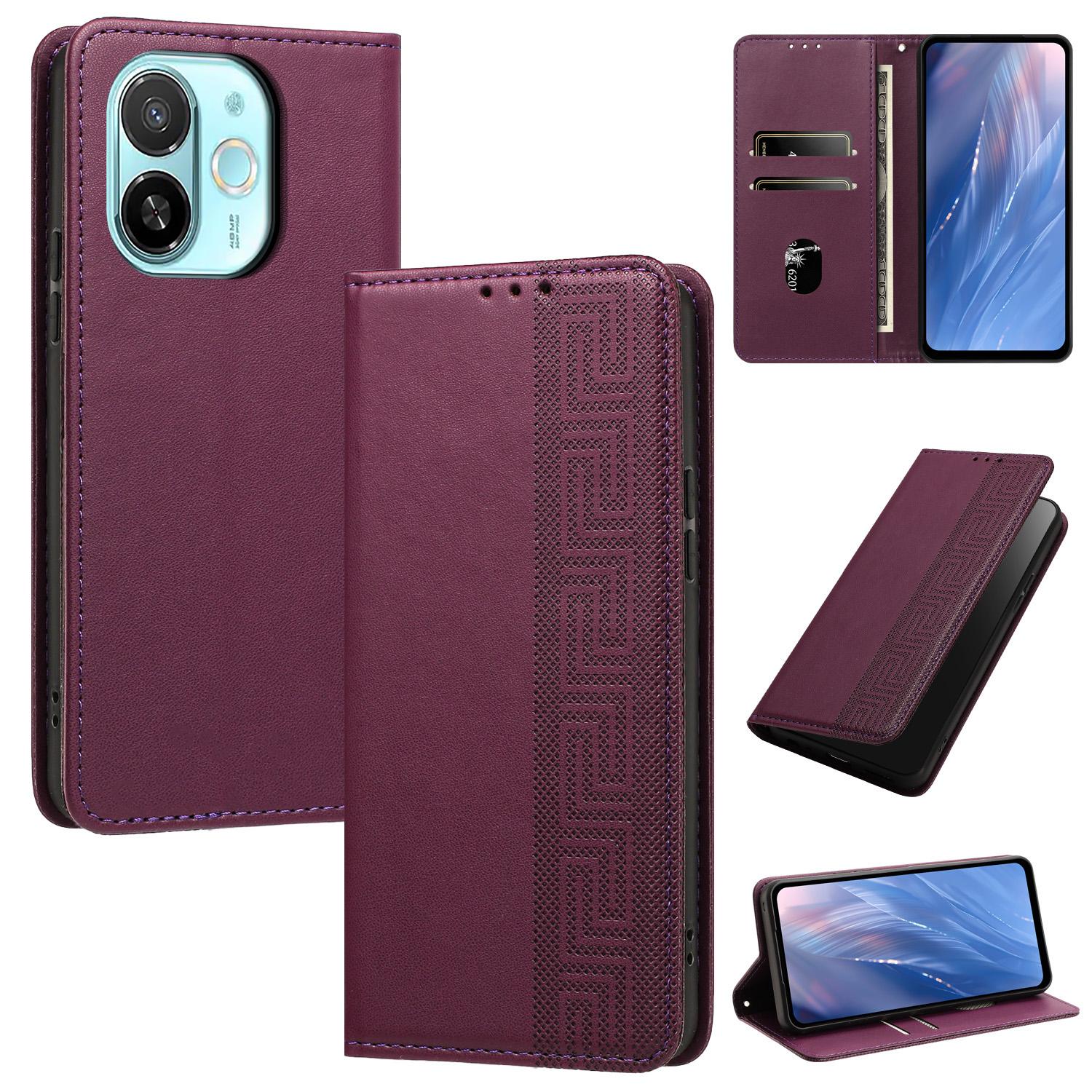 For Tecno Spark 30C 5G / Pop 9 5G Embossed Meander Pattern RFID Vegan Leather Phone Case(Dark Purple) - Shopkiz.com