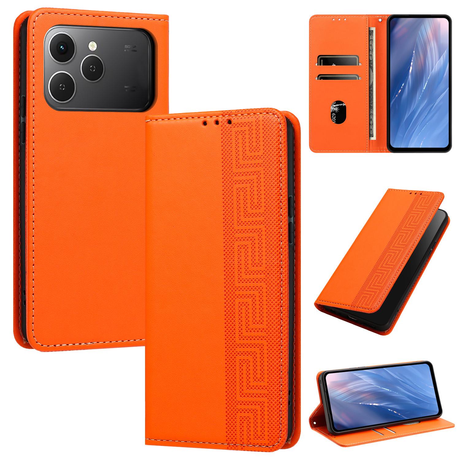 For Tecno Spark 40 4G Embossed Meander Pattern RFID Vegan Leather Phone Case(Orange) - Shopkiz.com