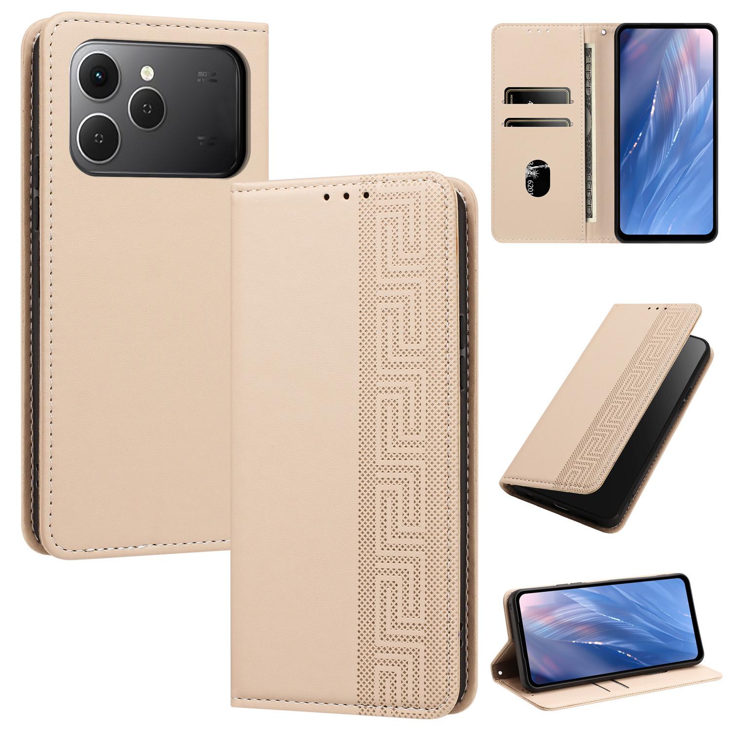 For Tecno Spark 40 4G Embossed Meander Pattern RFID Vegan Leather Phone Case(Beige) - Shopkiz.com